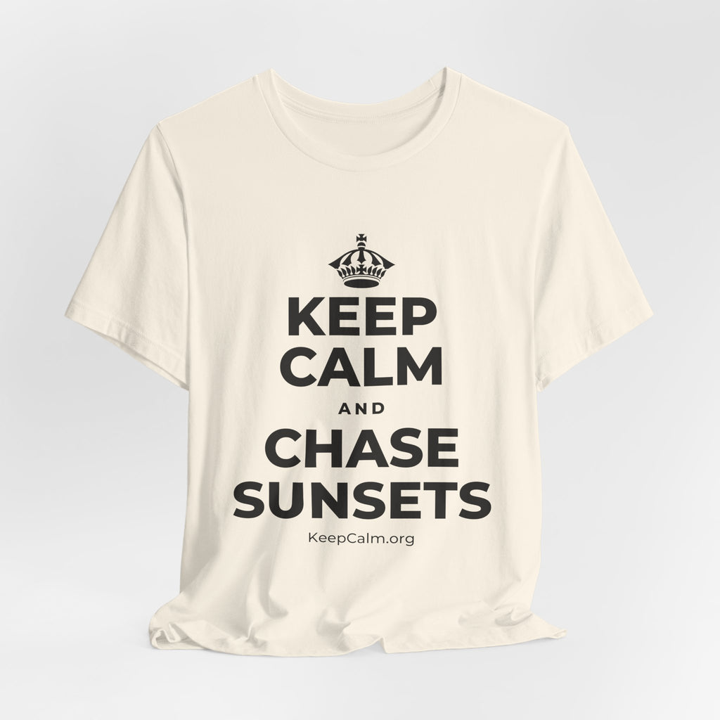 KEEP CALM AND CHASE SUNSETS T-Shirt (White–Asphalt)