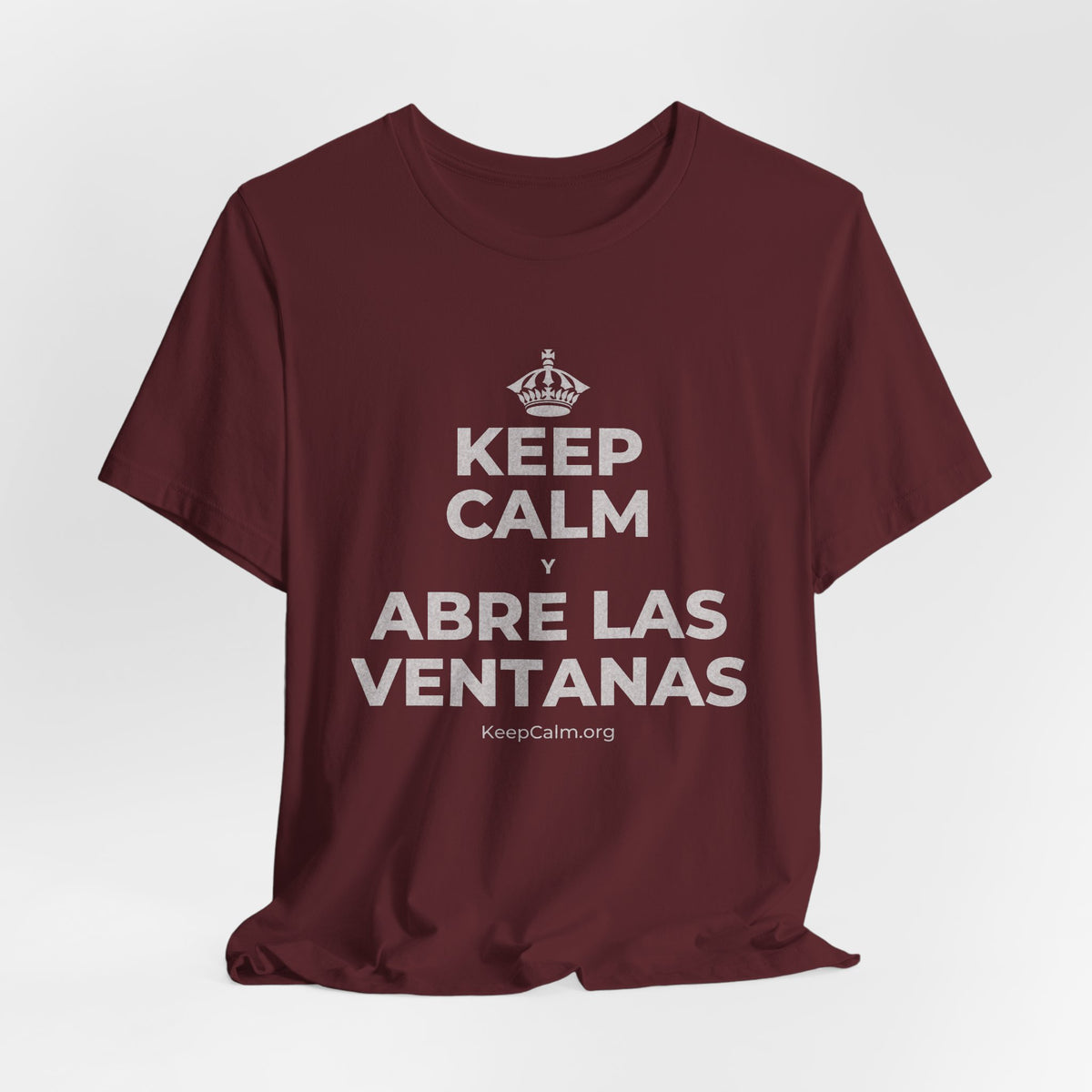 KEEP CALM Y ABRE LAS VENTANAS T-Shirt (Baby Blue–Silver)