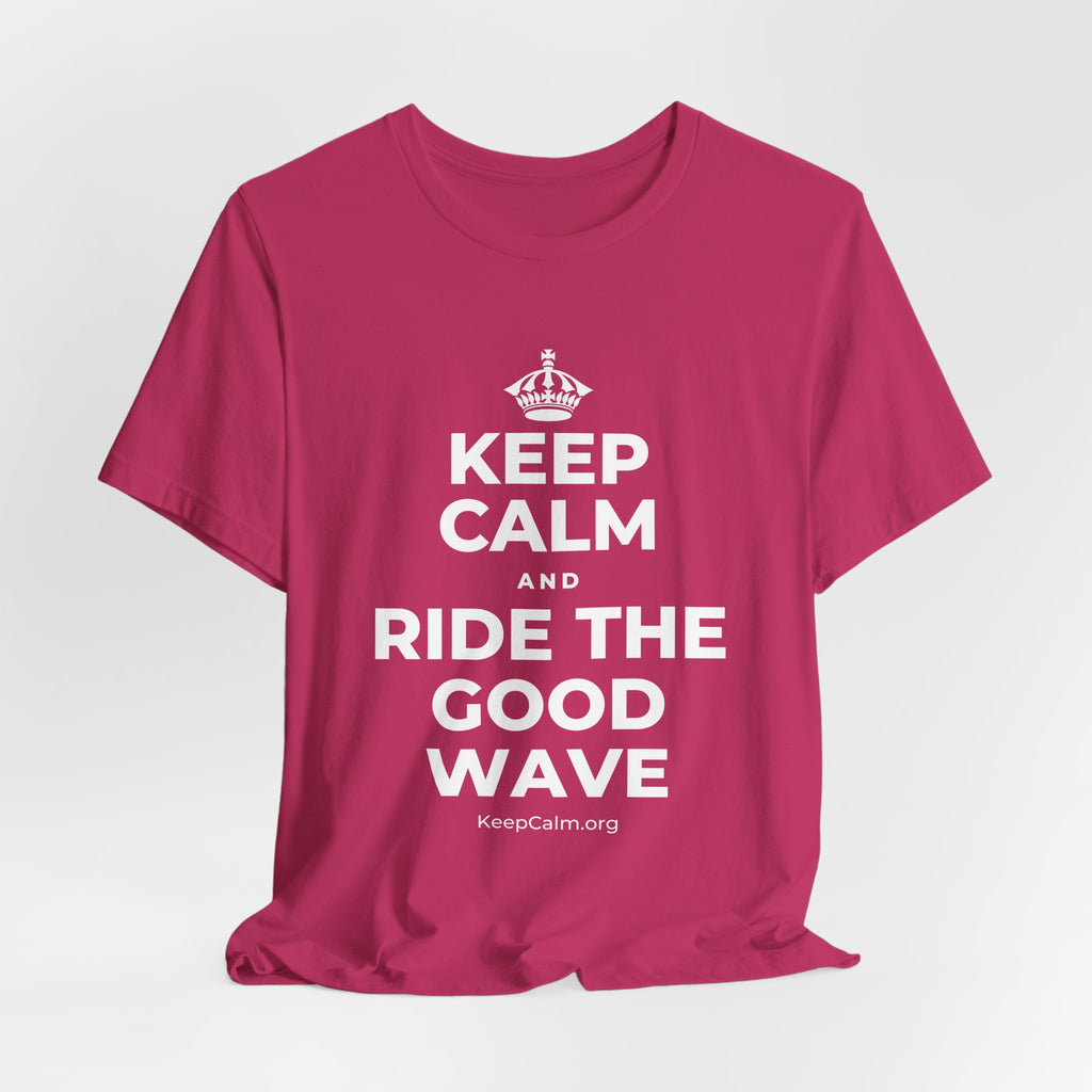 KEEP CALM AND RIDE THE GOOD WAVE T-Shirt (Baby Blue–Silver)