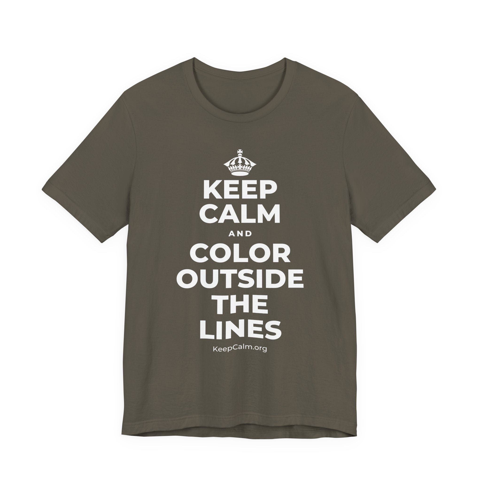 KEEP CALM AND COLOR OUTSIDE THE LINES T-Shirt (White–Asphalt)