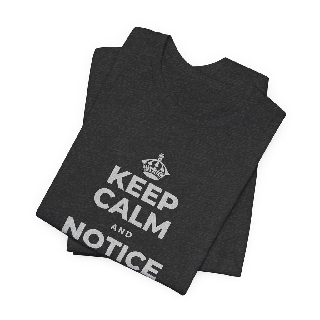 KEEP CALM AND NOTICE YOU'RE SAFE RIGHT NOW T-Shirt (White–Asphalt)