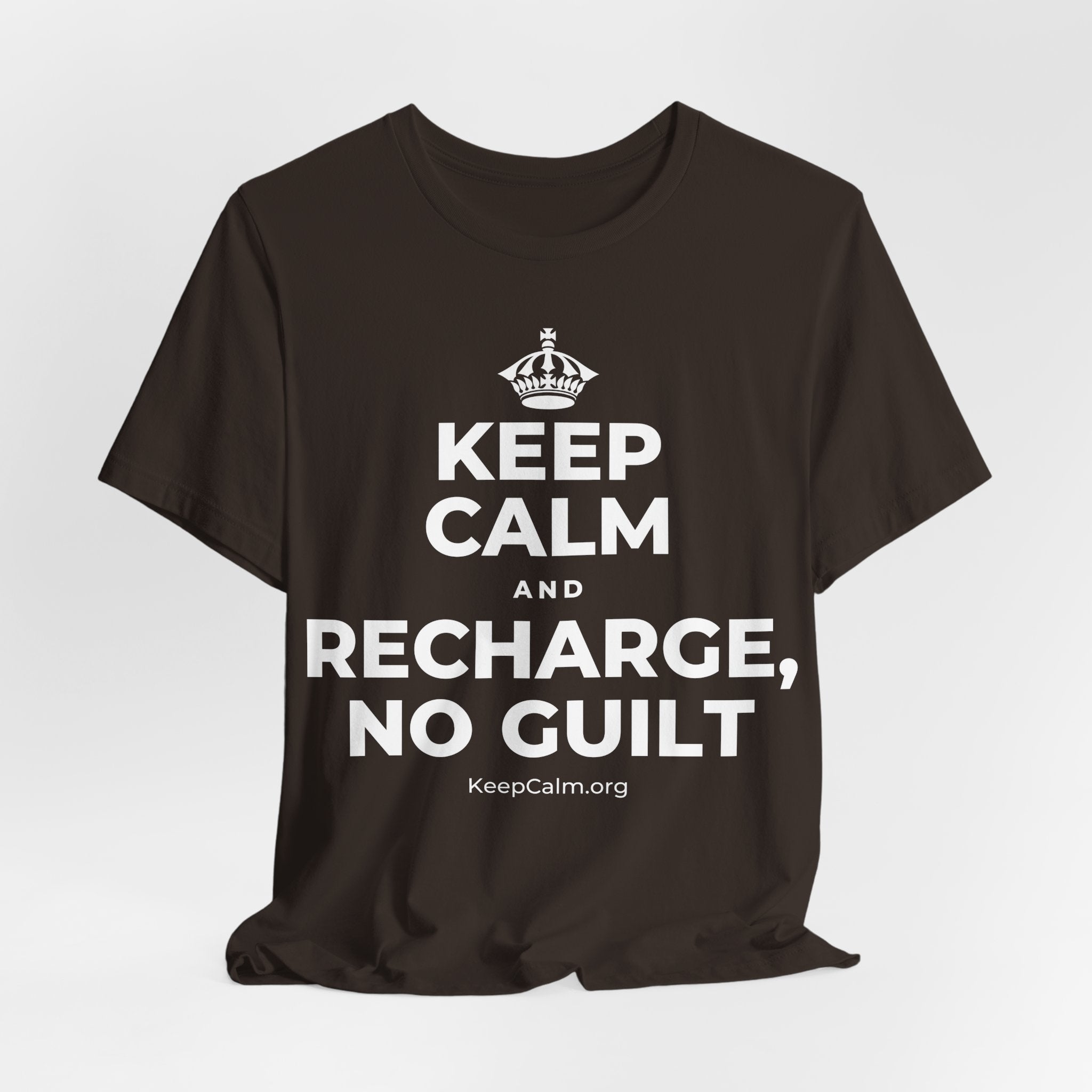 KEEP CALM AND RECHARGE, NO GUILT T-Shirt (Soft Cream–Heather Mauve)
