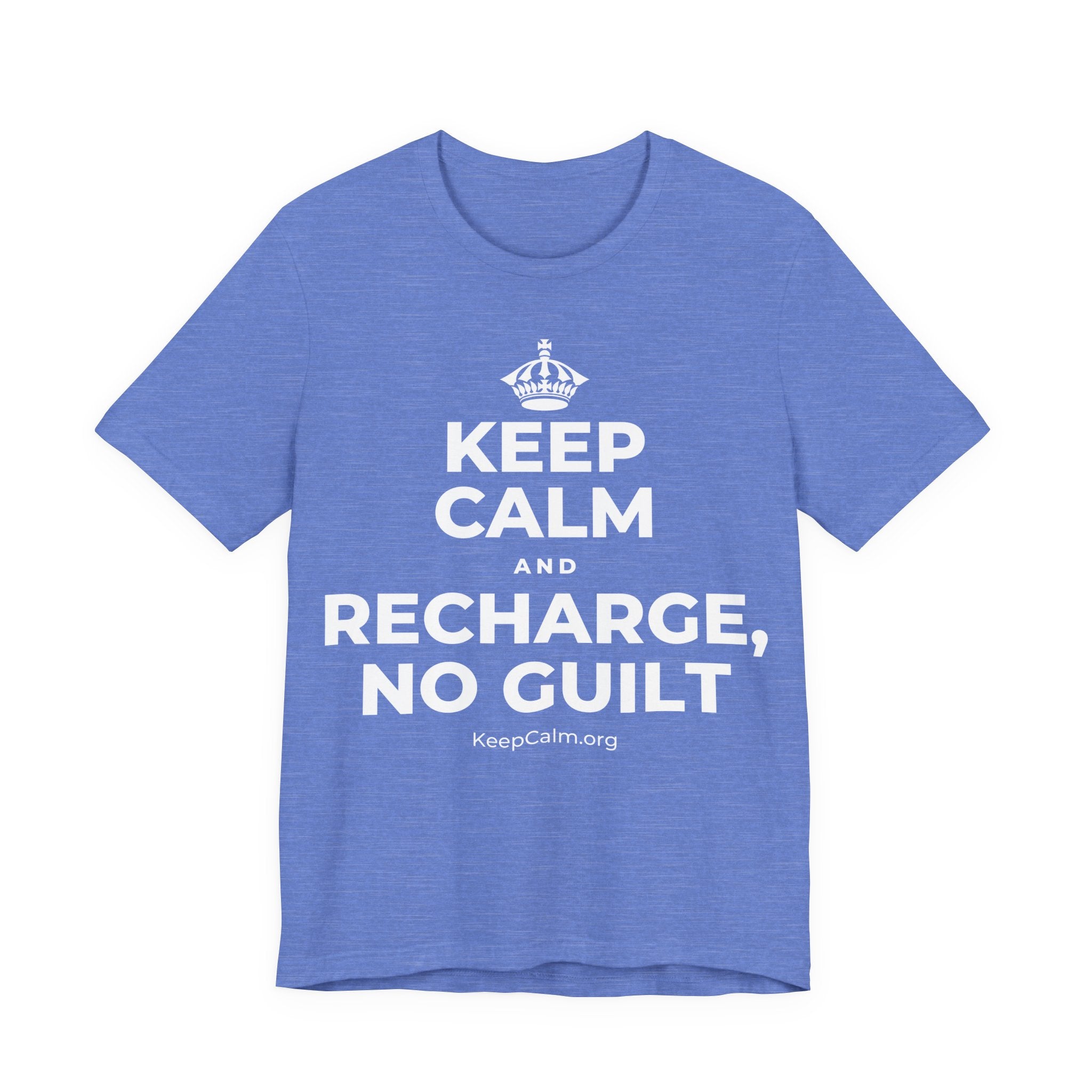KEEP CALM AND RECHARGE, NO GUILT T-Shirt (Soft Cream–Heather Mauve)