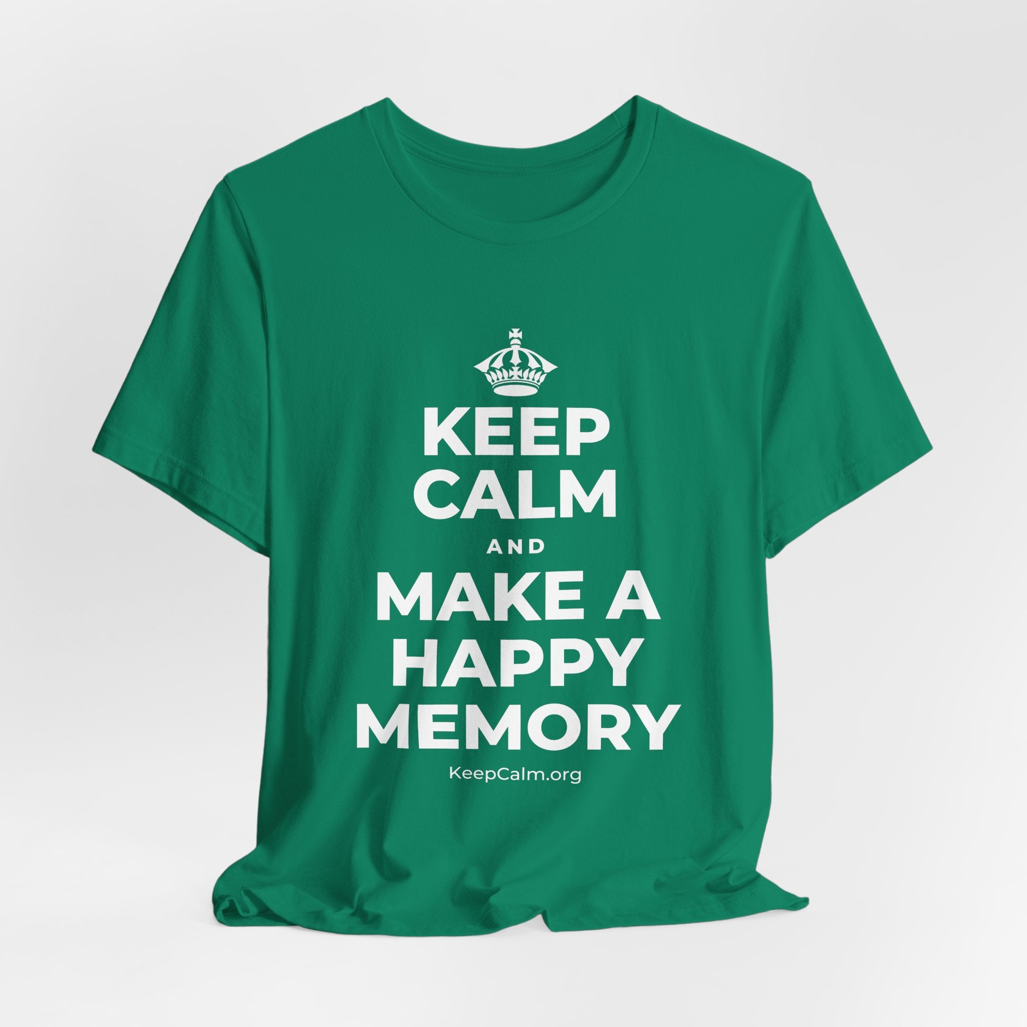 KEEP CALM AND MAKE A HAPPY MEMORY T-Shirt (White–Asphalt)