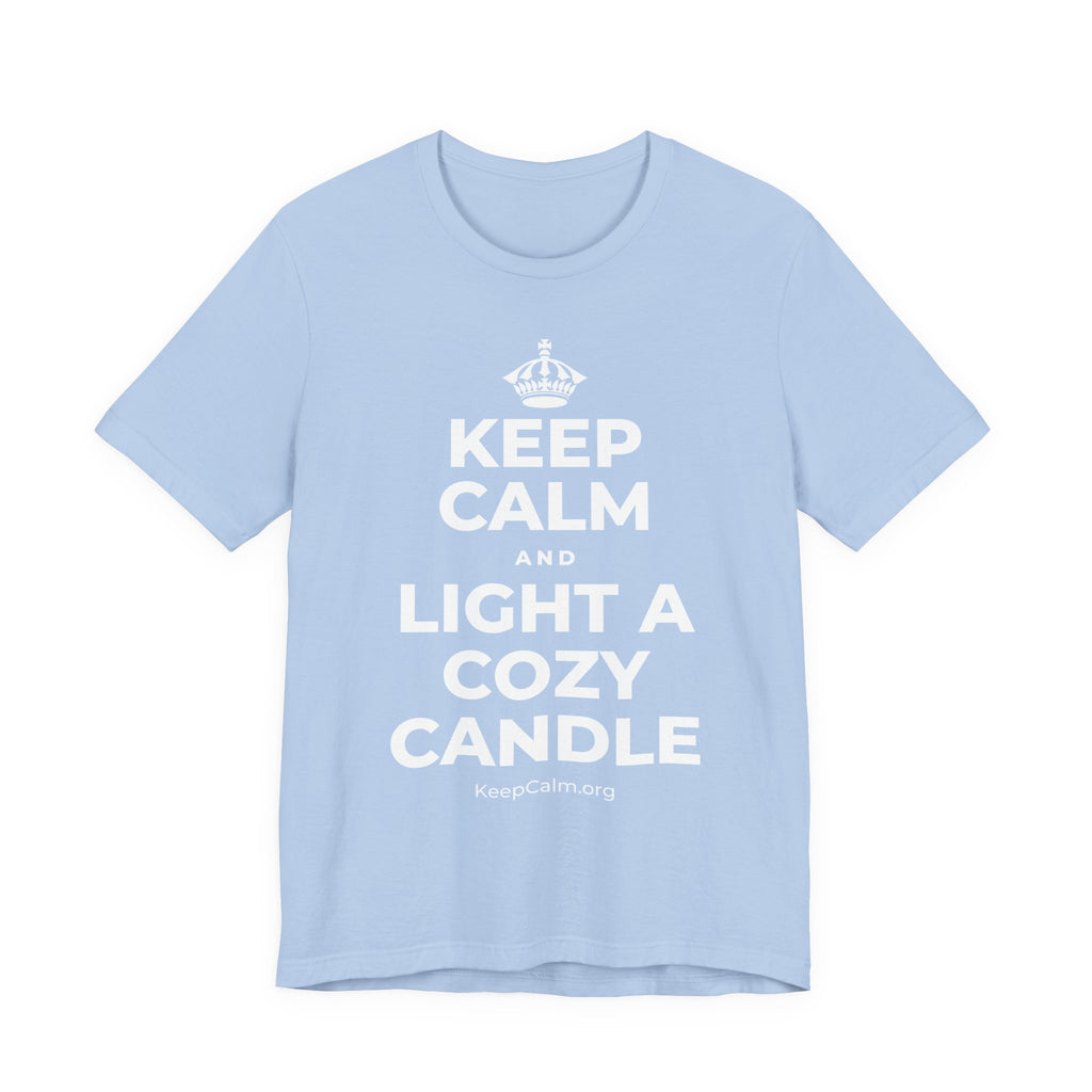 KEEP CALM AND LIGHT A COZY CANDLE T-Shirt (Baby Blue–Silver)