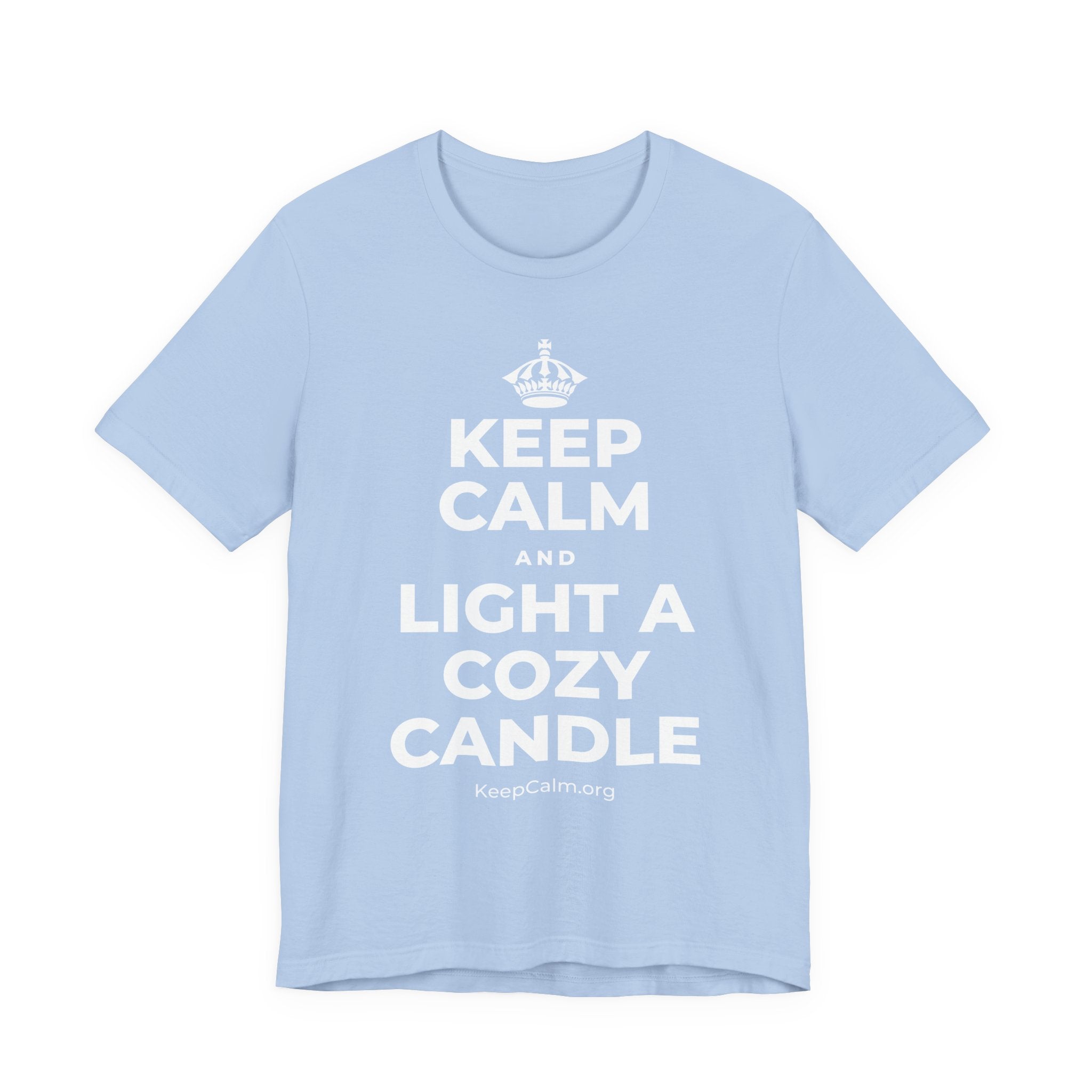 KEEP CALM AND LIGHT A COZY CANDLE T-Shirt (Baby Blue–Silver)