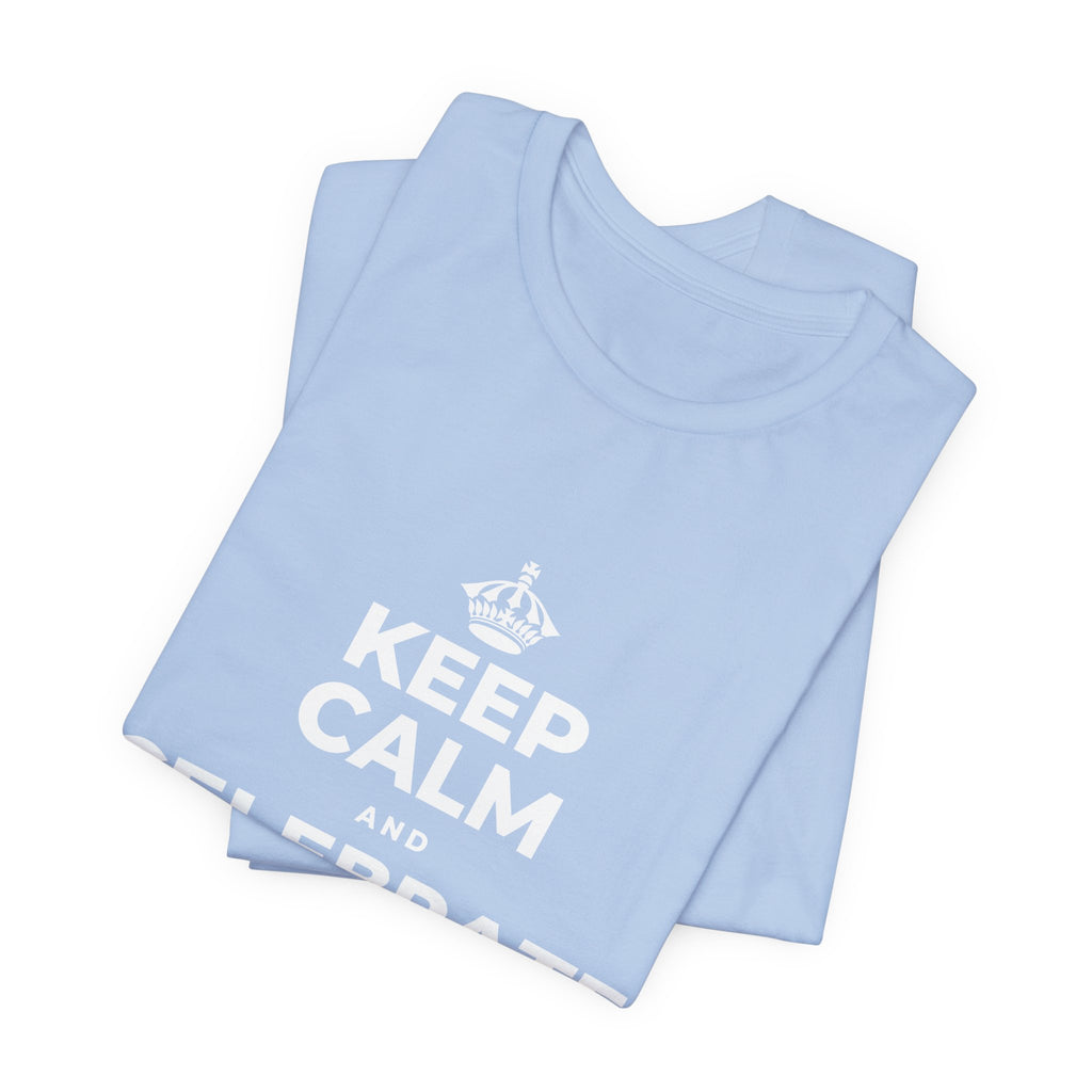 KEEP CALM AND CELEBRATE THE SMALL STUFF T-Shirt (Baby Blue–Silver)