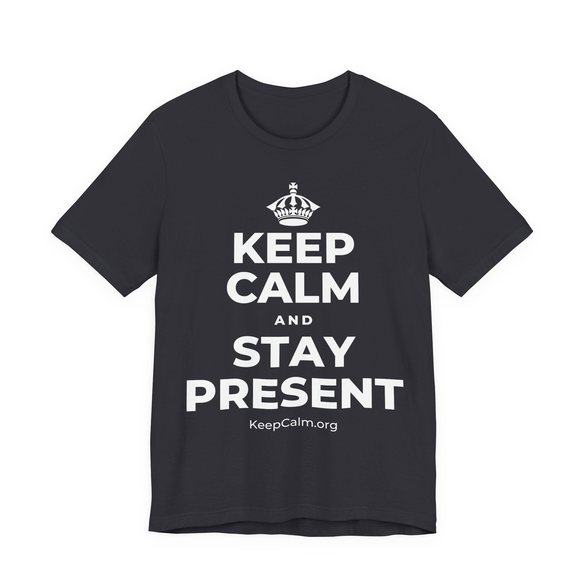 KEEP CALM AND STAY PRESENT T-Shirt (Baby Blue–Silver)