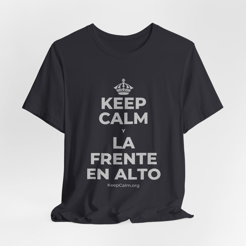 KEEP CALM Y LA FRENTE EN ALTO T-Shirt (Baby Blue–Silver)