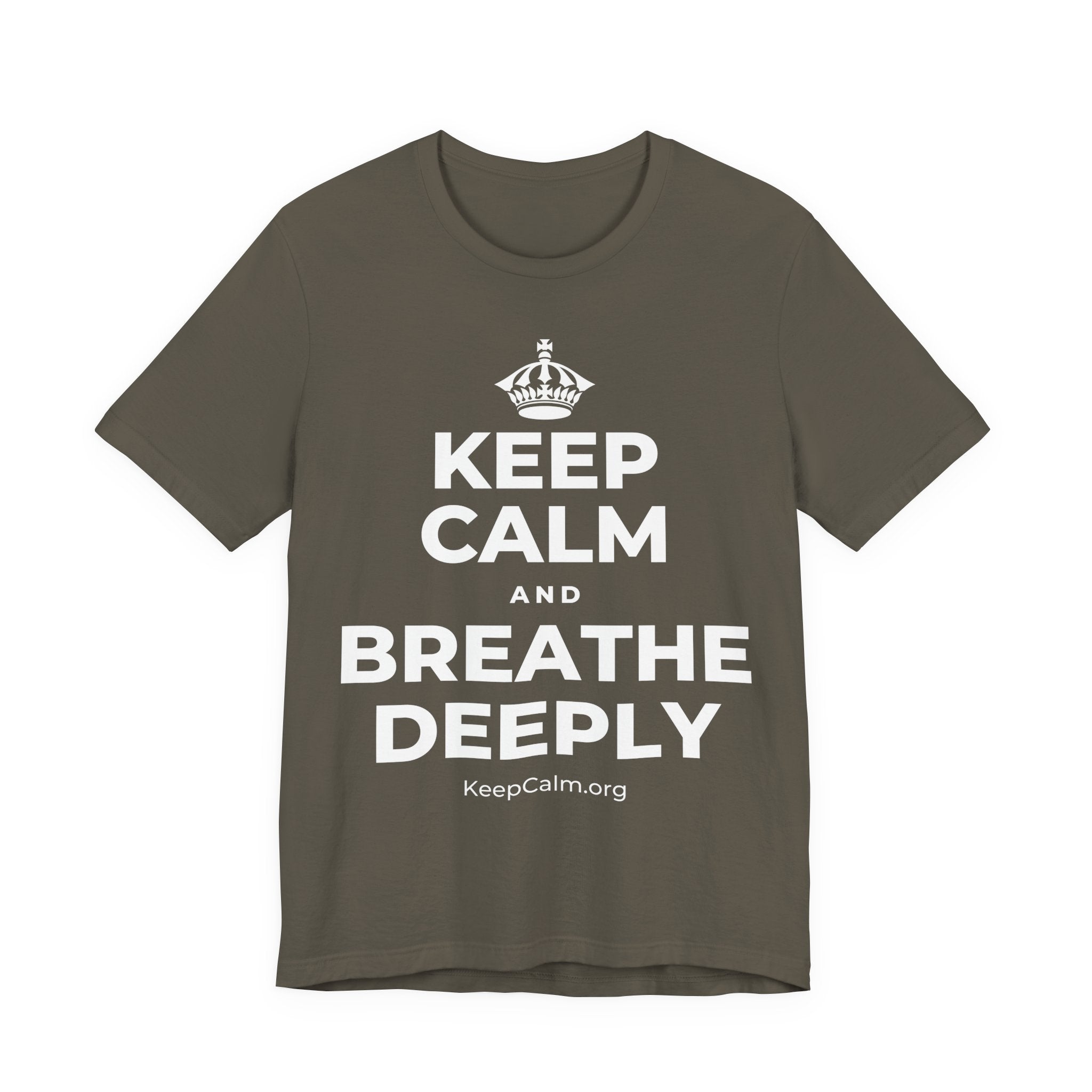 KEEP CALM AND BREATHE DEEPLY T-Shirt (White–Asphalt)