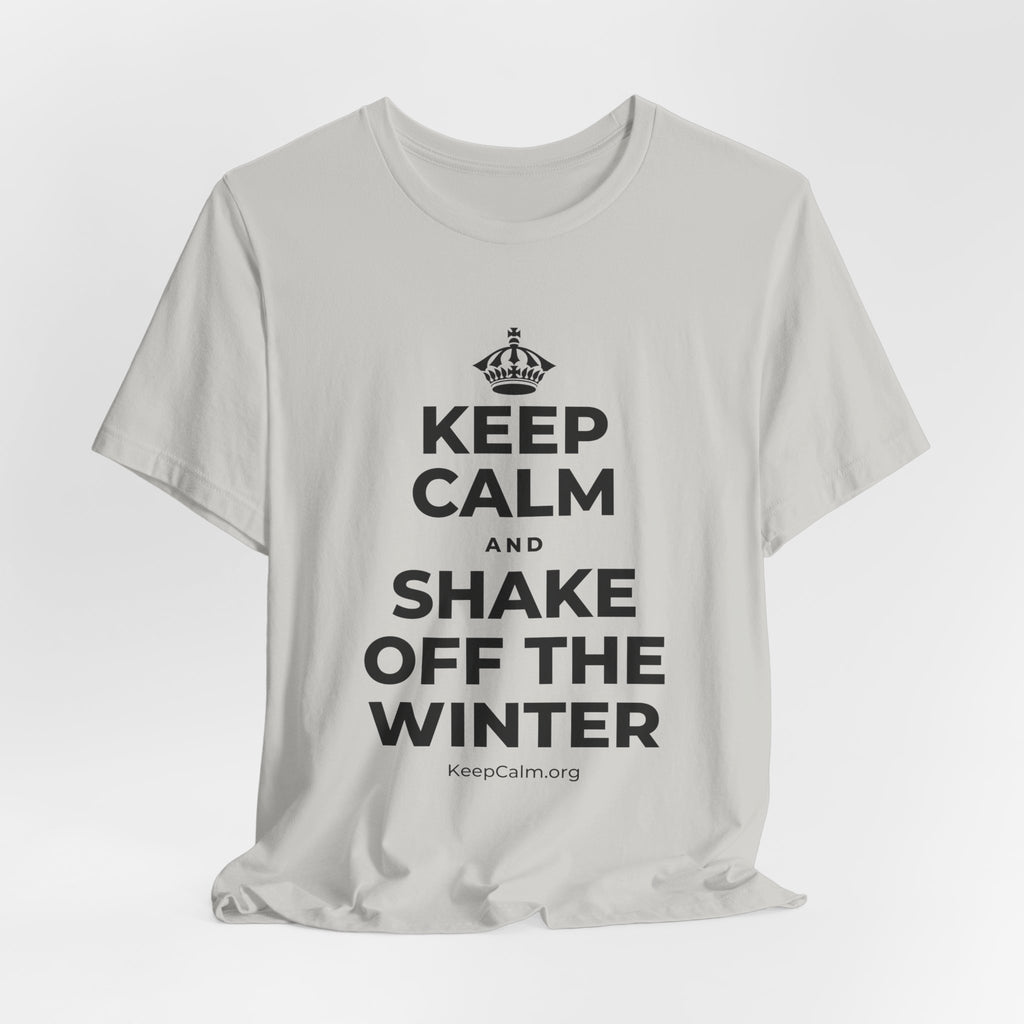 KEEP CALM AND SHAKE OFF THE WINTER T-Shirt (Baby Blue–Silver)