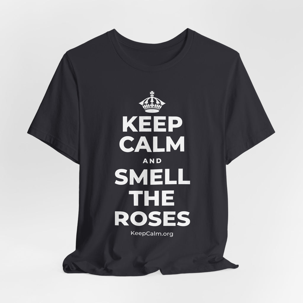 KEEP CALM AND SMELL THE ROSES T-Shirt (Baby Blue–Silver)