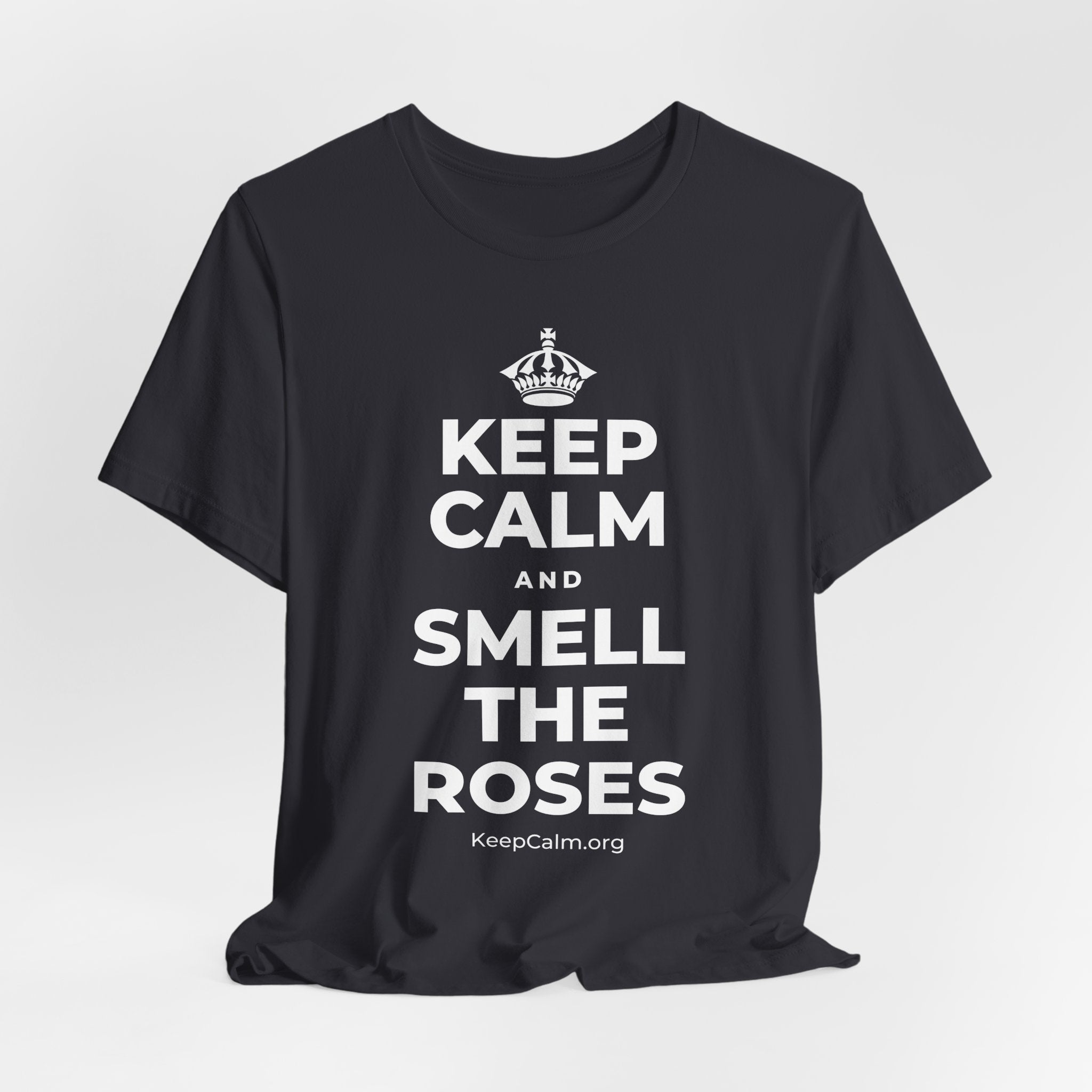 KEEP CALM AND SMELL THE ROSES T-Shirt (Baby Blue–Silver)