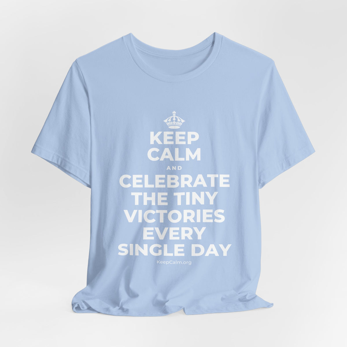 KEEP CALM AND CELEBRATE THE TINY VICTORIES EVERY SINGLE DAY T-Shirt (Baby Blue–Silver)