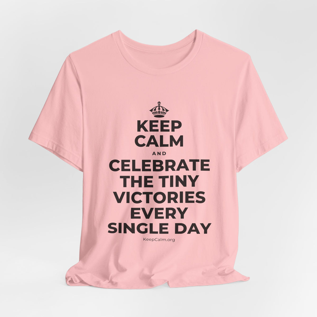 KEEP CALM AND CELEBRATE THE TINY VICTORIES EVERY SINGLE DAY T-Shirt (White–Asphalt)