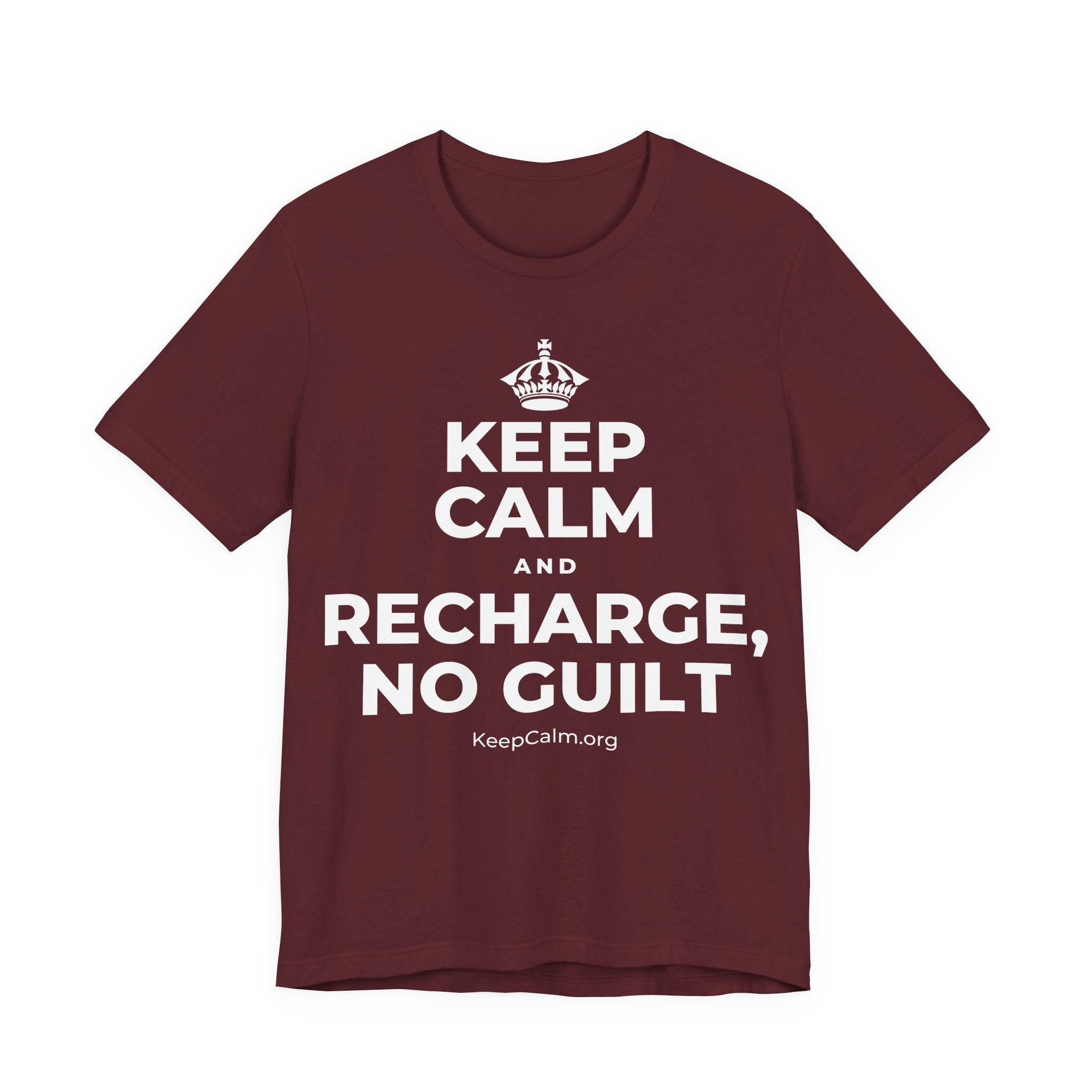 KEEP CALM AND RECHARGE, NO GUILT T-Shirt (Baby Blue–Silver)