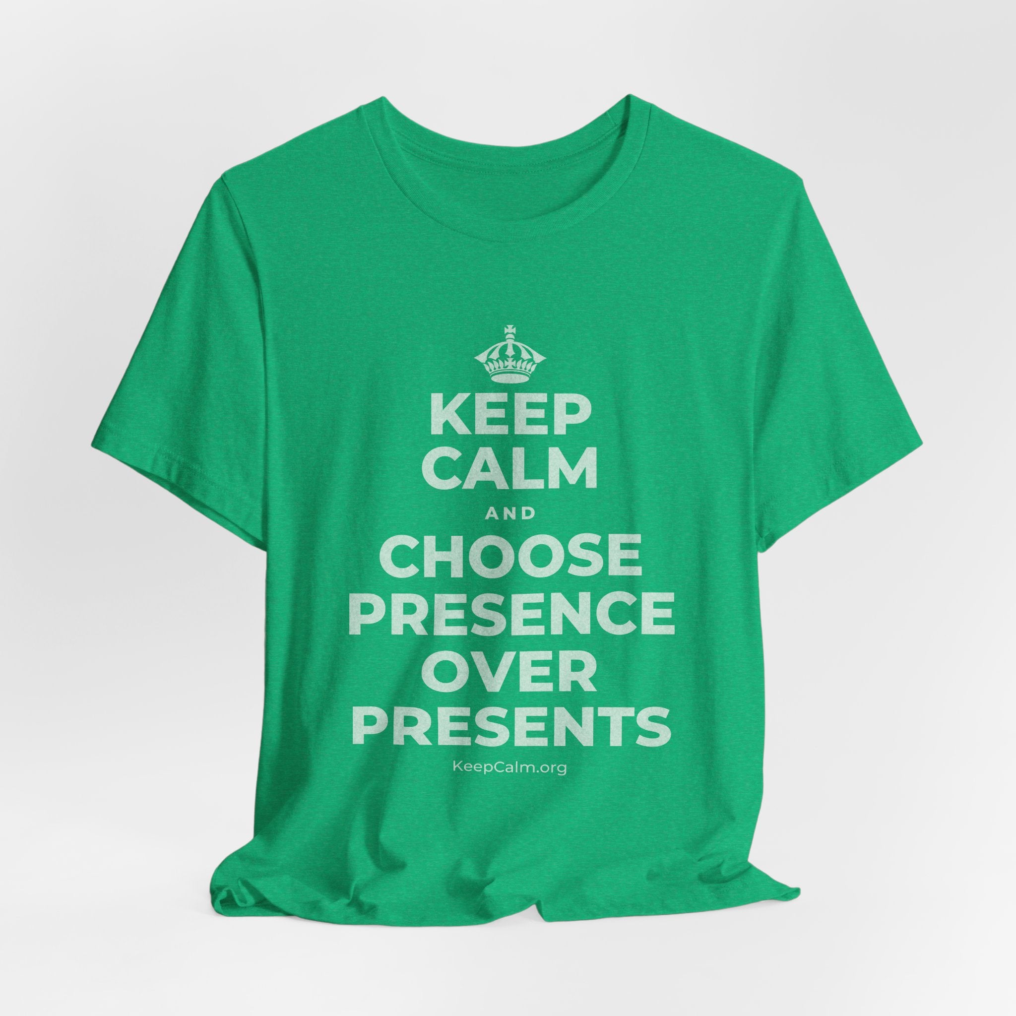 KEEP CALM AND CHOOSE PRESENCE OVER PRESENTS T-Shirt (Baby Blue–Silver)