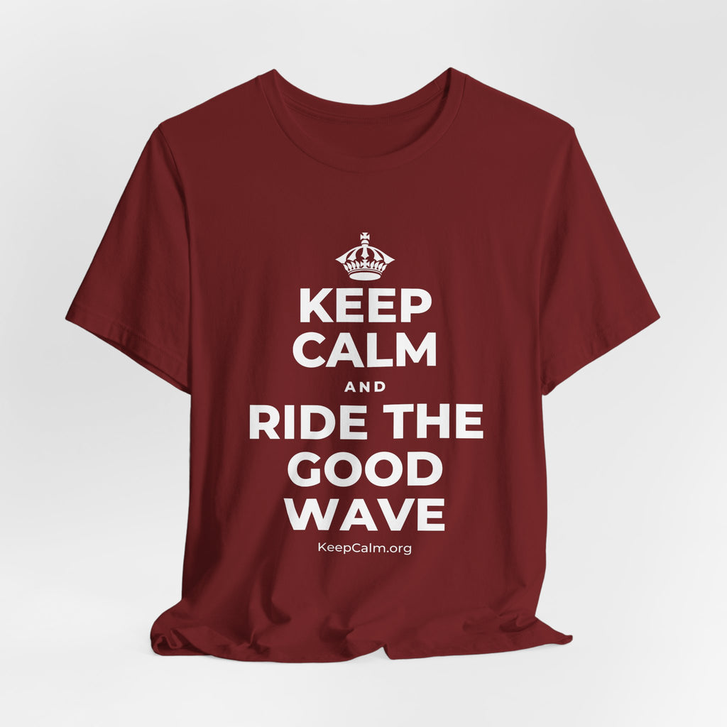 KEEP CALM AND RIDE THE GOOD WAVE T-Shirt (Baby Blue–Silver)