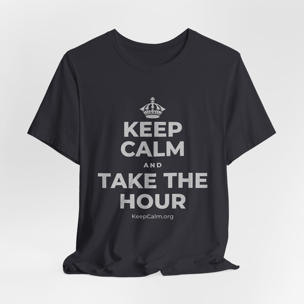 KEEP CALM AND TAKE THE HOUR T-Shirt (Baby Blue–Silver)