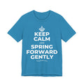KEEP CALM AND SPRING FORWARD GENTLY T-Shirt (White–Asphalt)
