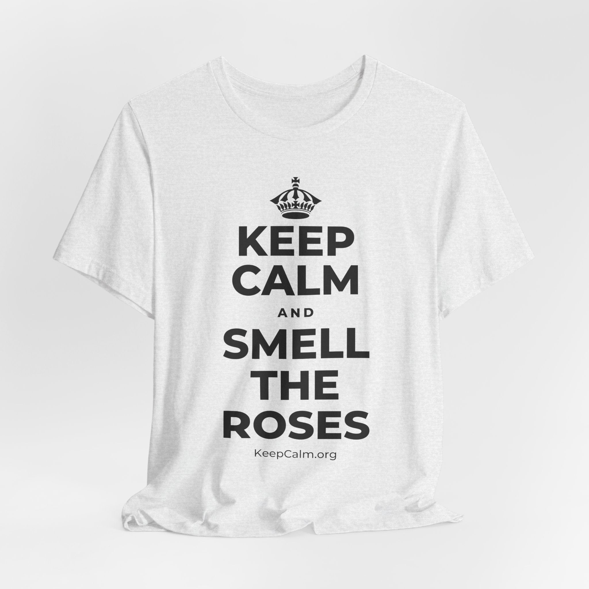 KEEP CALM AND SMELL THE ROSES T-Shirt (Soft Cream–Heather Mauve)
