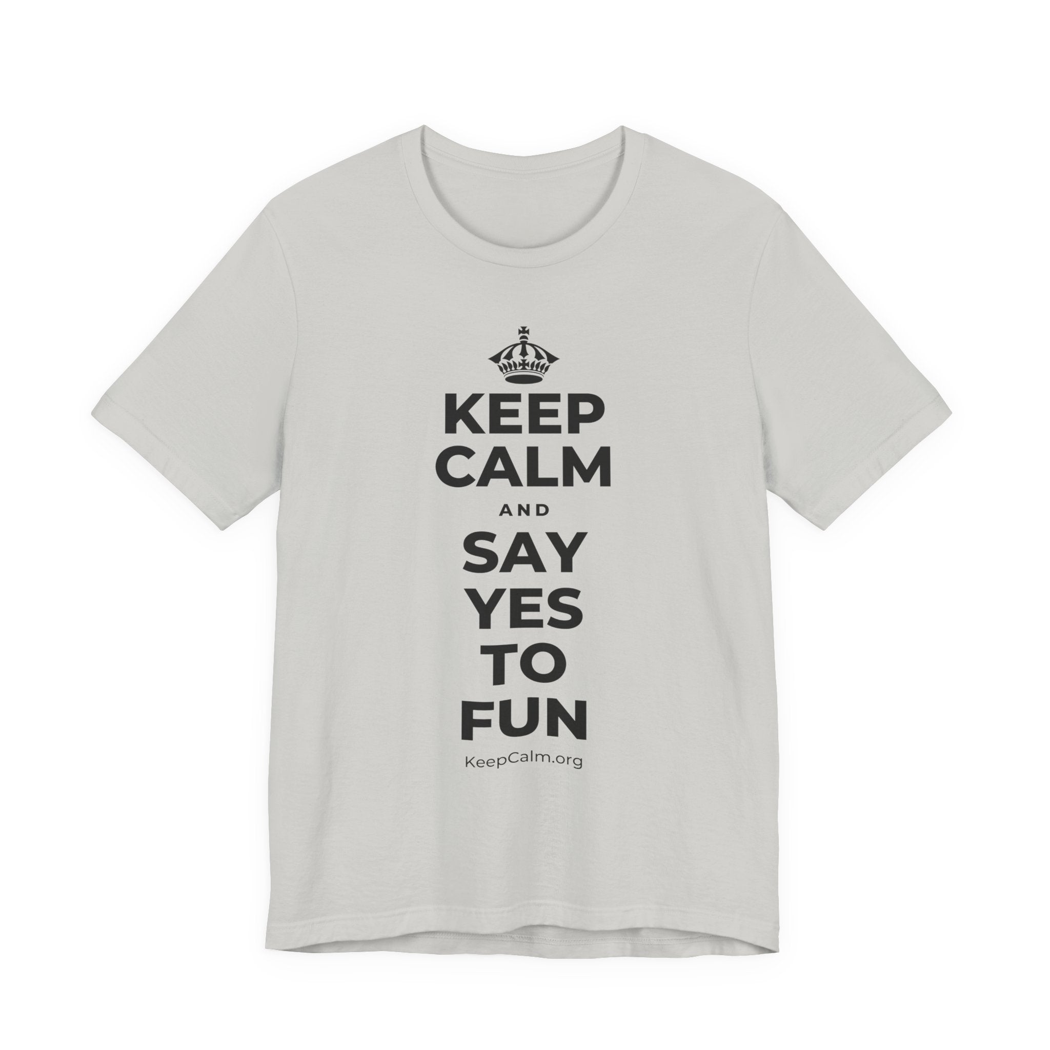 KEEP CALM AND SAY YES TO FUN T-Shirt (Baby Blue–Silver)