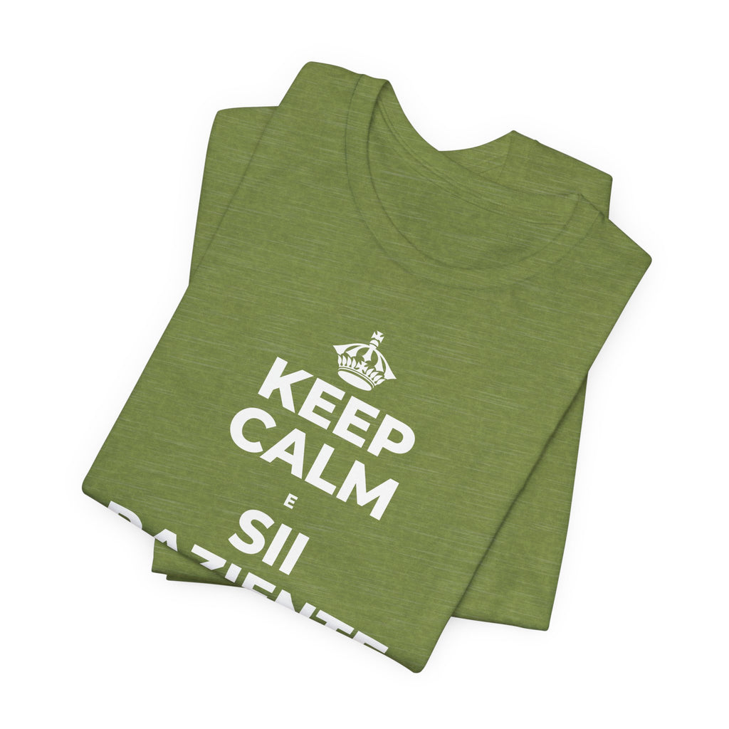 KEEP CALM E SII PAZIENTE CON LE NUOVE ABITUDINI T-Shirt (Baby Blue–Silver)