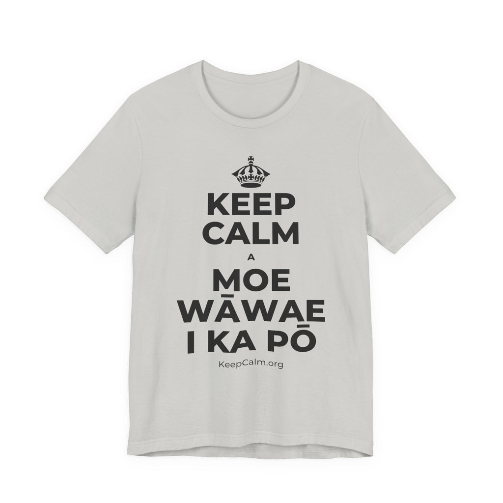 KEEP CALM A MOE WĀWAE I KA PŌ T-Shirt (Baby Blue–Silver)