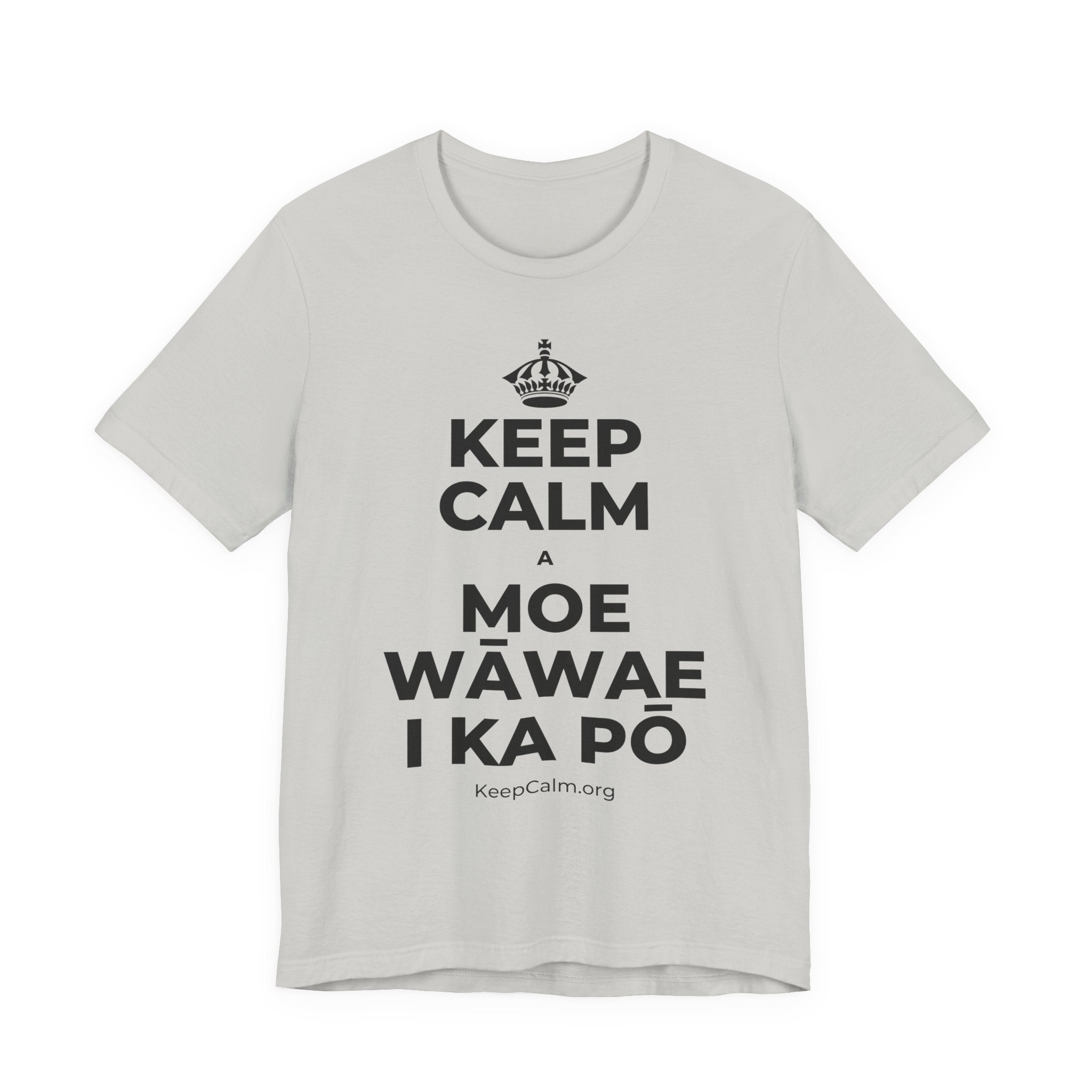 KEEP CALM A MOE WĀWAE I KA PŌ T-Shirt (Baby Blue–Silver)