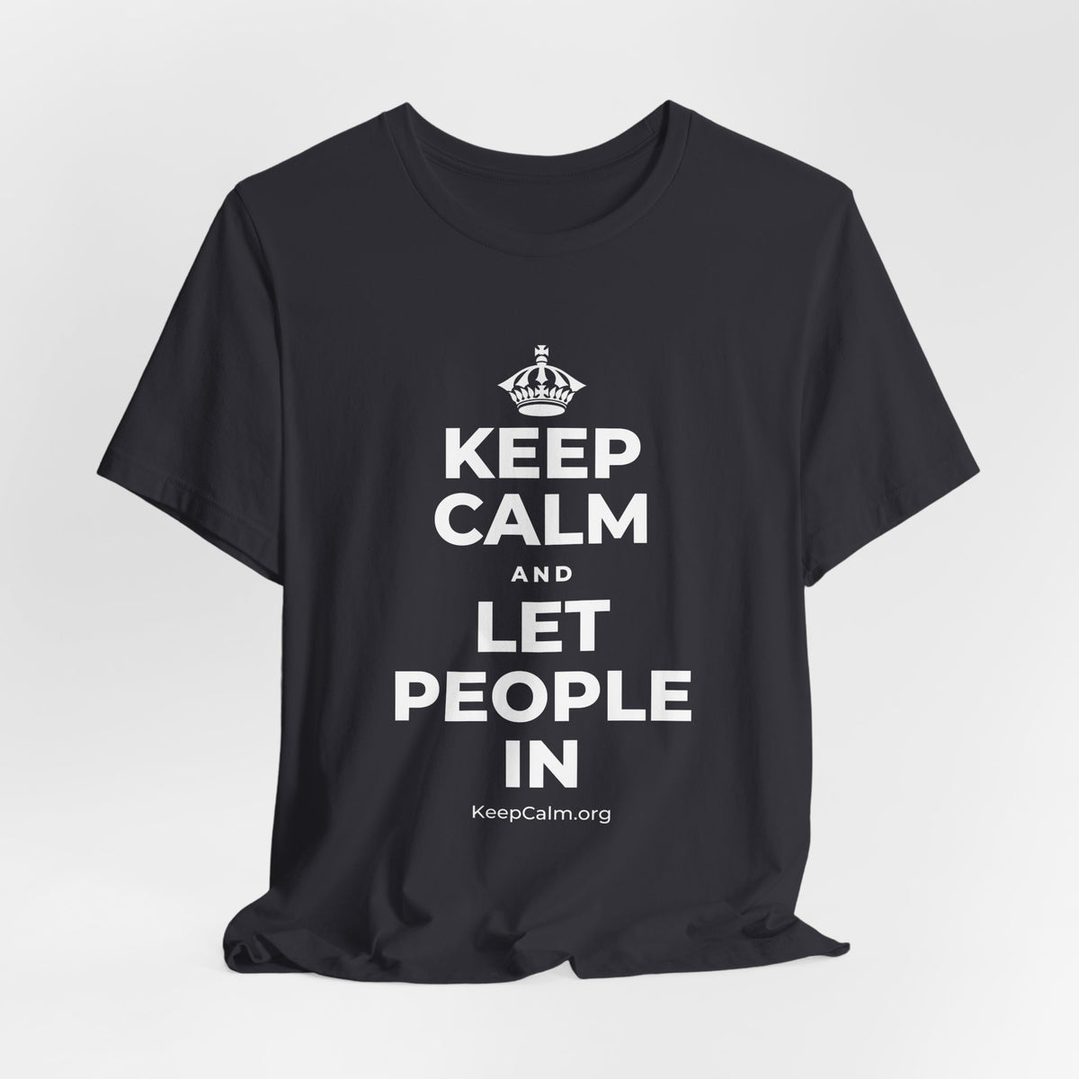 KEEP CALM AND LET PEOPLE IN T-Shirt (Baby Blue–Silver)