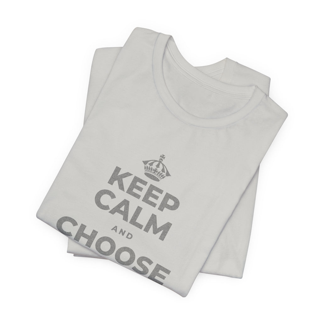 KEEP CALM AND CHOOSE PRESENCE OVER PRESENTS T-Shirt (Baby Blue–Silver)
