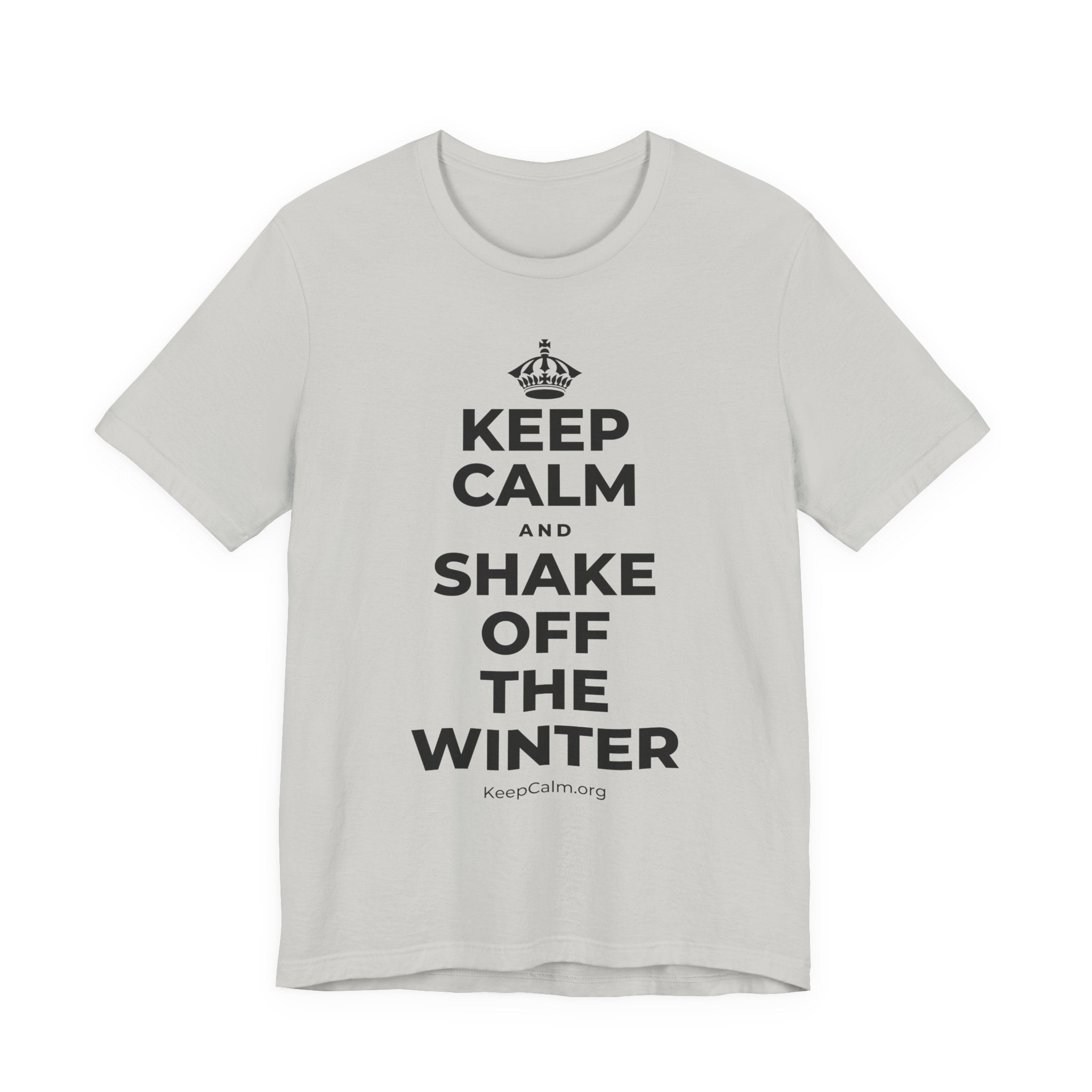 KEEP CALM AND SHAKE OFF THE WINTER T-Shirt (Baby Blue–Silver)