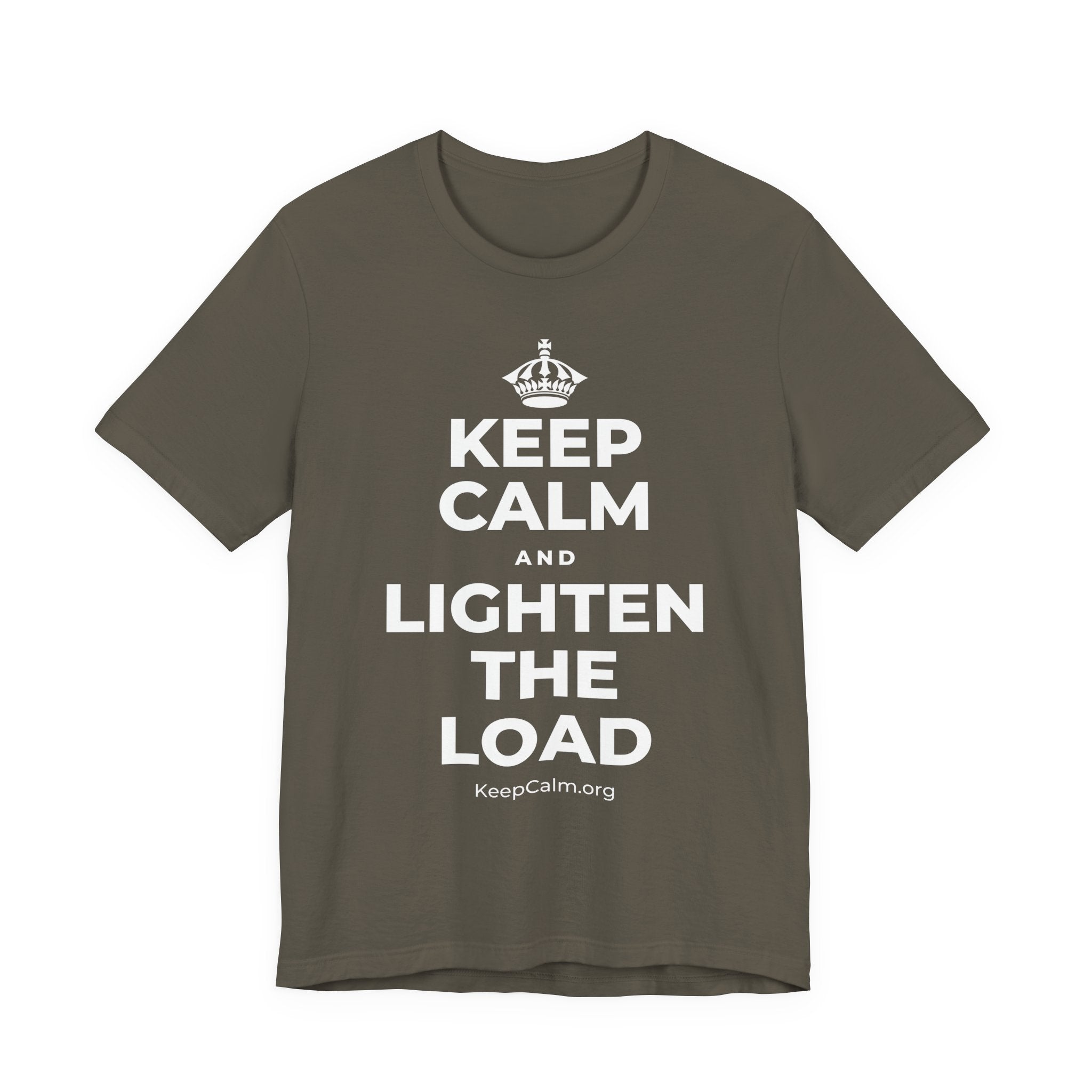KEEP CALM AND LIGHTEN THE LOAD T-Shirt (White–Asphalt)