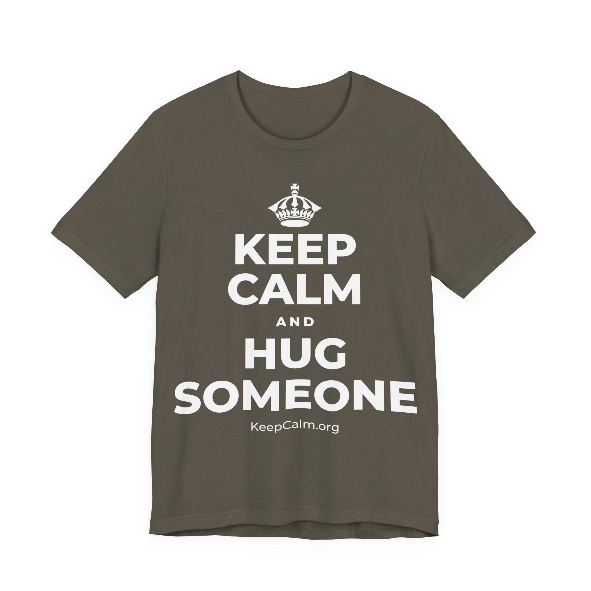 KEEP CALM AND HUG SOMEONE T-Shirt (White–Asphalt)