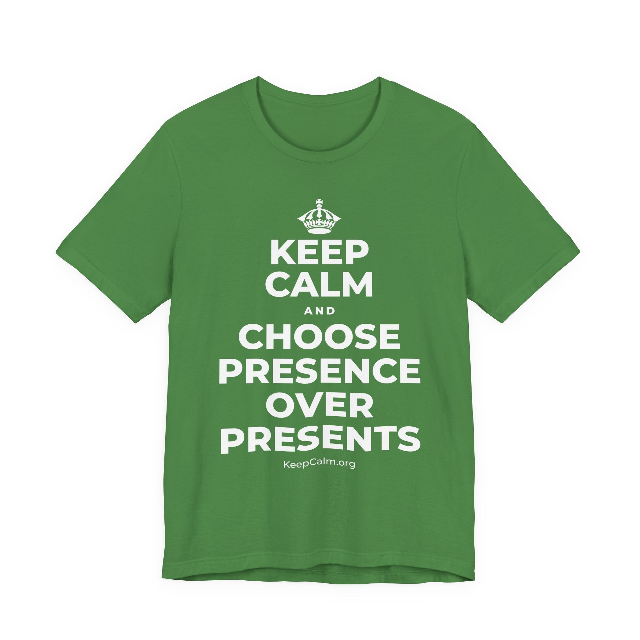 KEEP CALM AND CHOOSE PRESENCE OVER PRESENTS T-Shirt (Baby Blue–Silver)