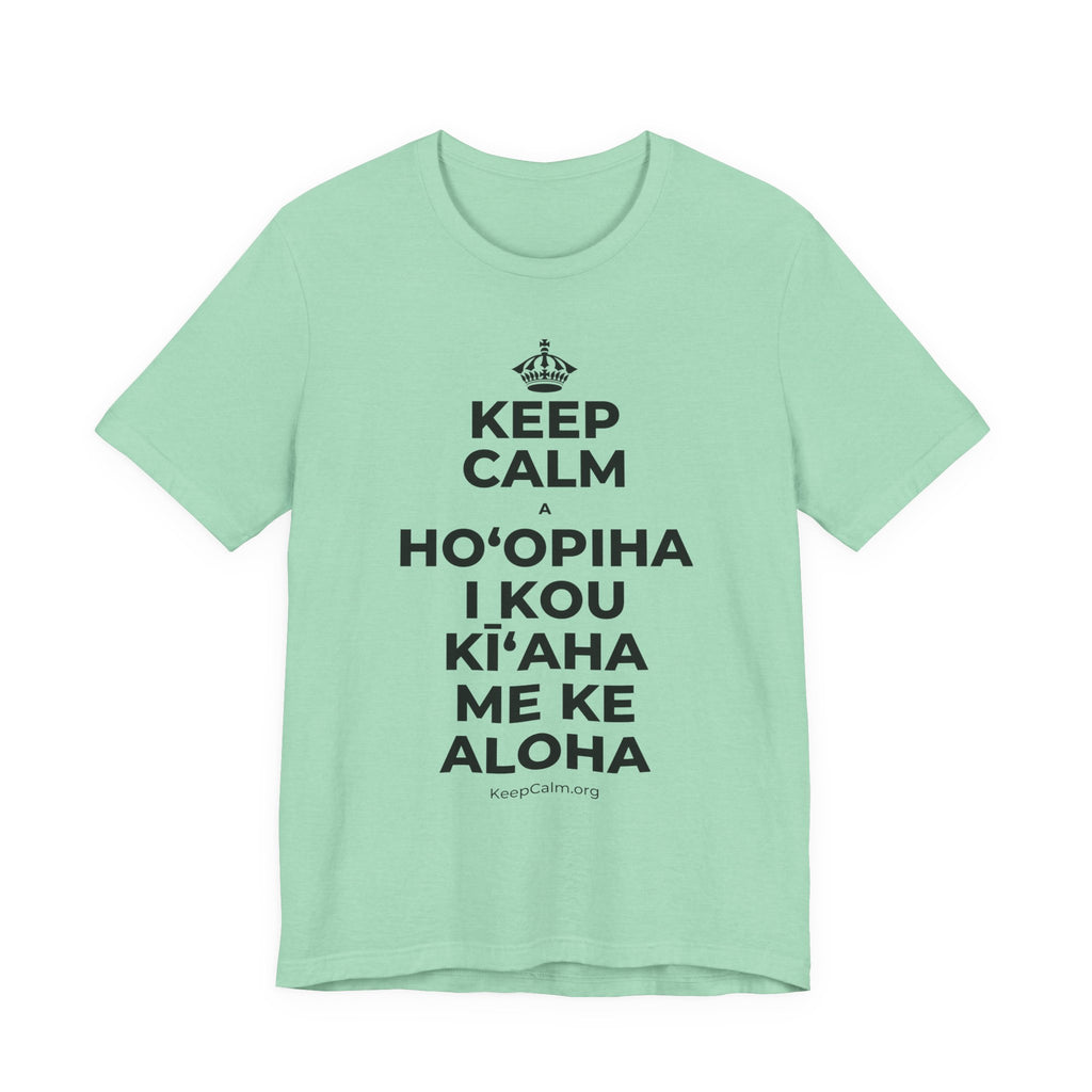 KEEP CALM A HOʻOPIHA I KOU KĪʻAHA ME KE ALOHA T-Shirt (Baby Blue–Silver)