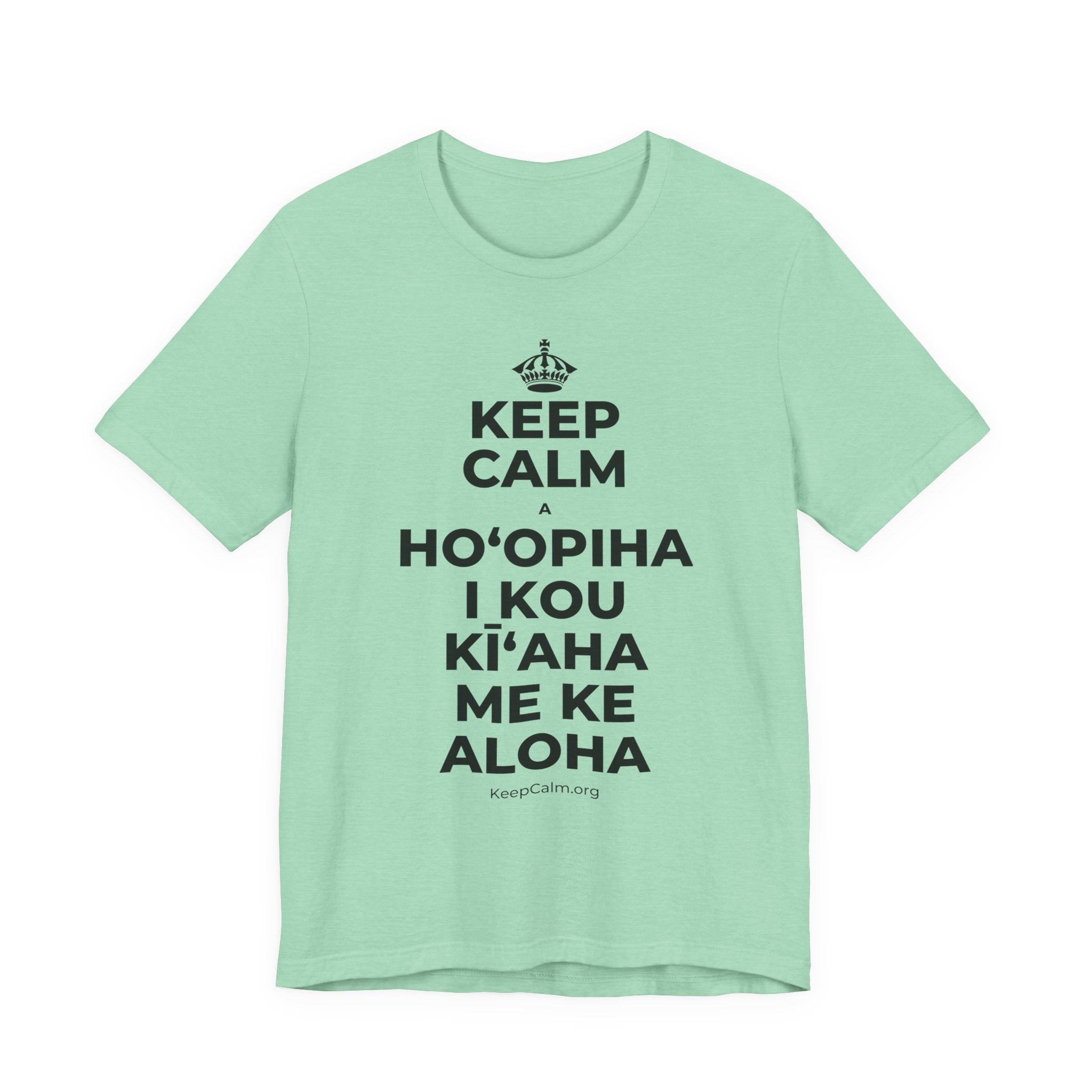 KEEP CALM A HOʻOPIHA I KOU KĪʻAHA ME KE ALOHA T-Shirt (Baby Blue–Silver)