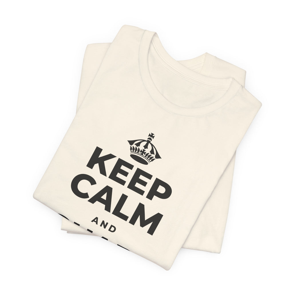 KEEP CALM AND RECHARGE, NO GUILT T-Shirt (White–Asphalt)