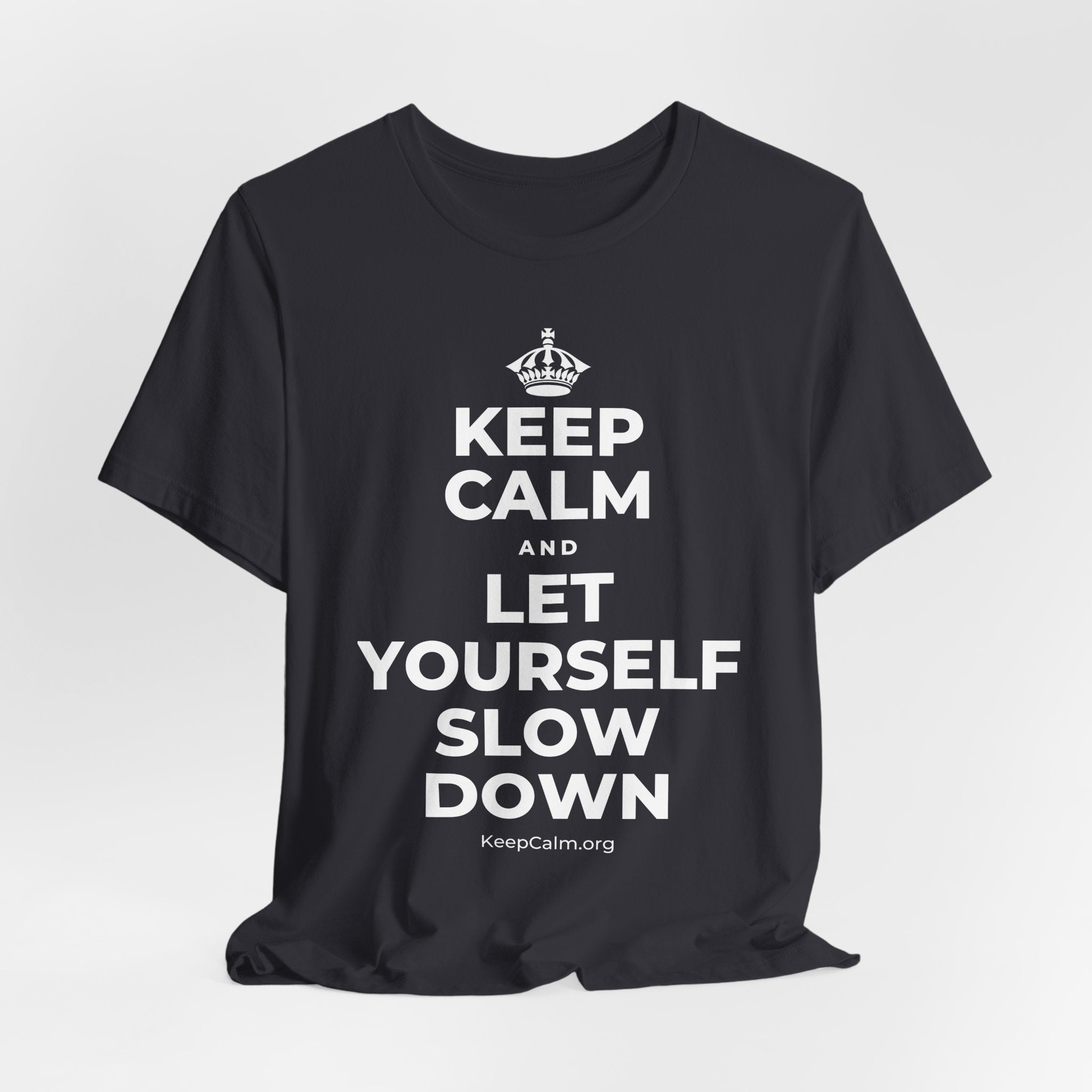 KEEP CALM AND LET YOURSELF SLOW DOWN T-Shirt (Baby Blue–Silver)