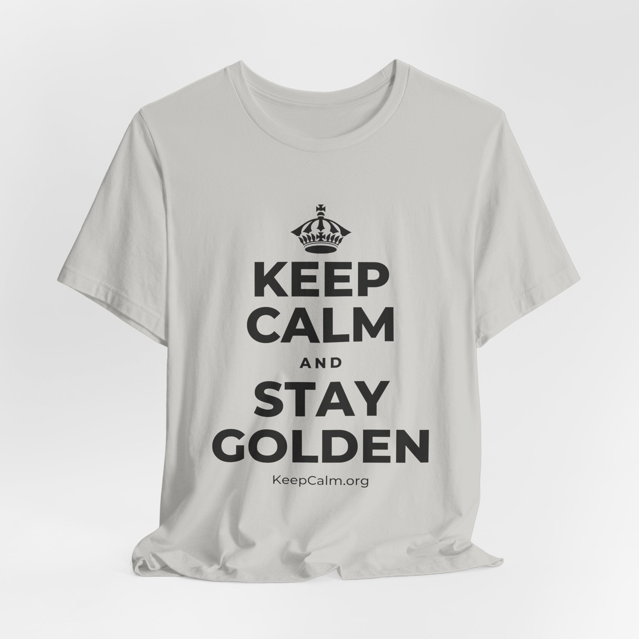 KEEP CALM AND STAY GOLDEN T-Shirt (Baby Blue–Silver)