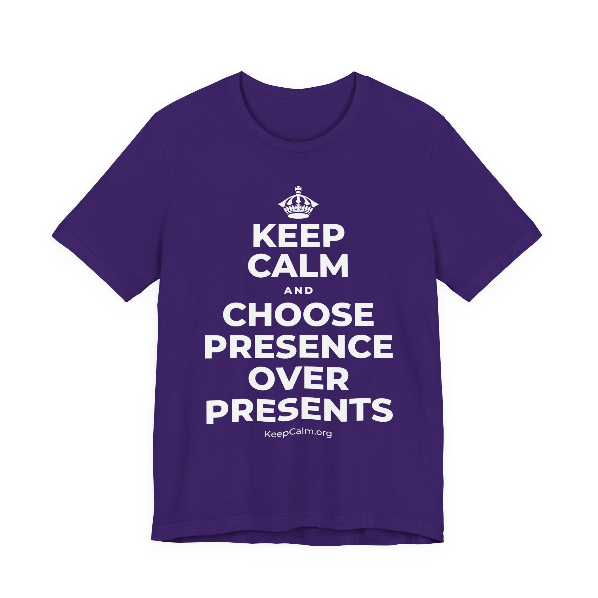 KEEP CALM AND CHOOSE PRESENCE OVER PRESENTS T-Shirt (Soft Cream–Heather Mauve)