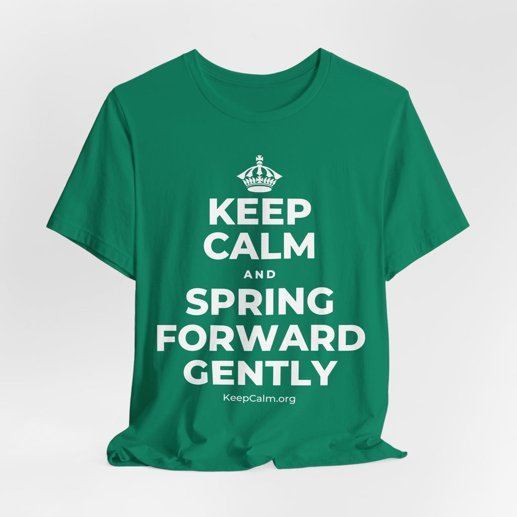 KEEP CALM AND SPRING FORWARD GENTLY T-Shirt (White–Asphalt)