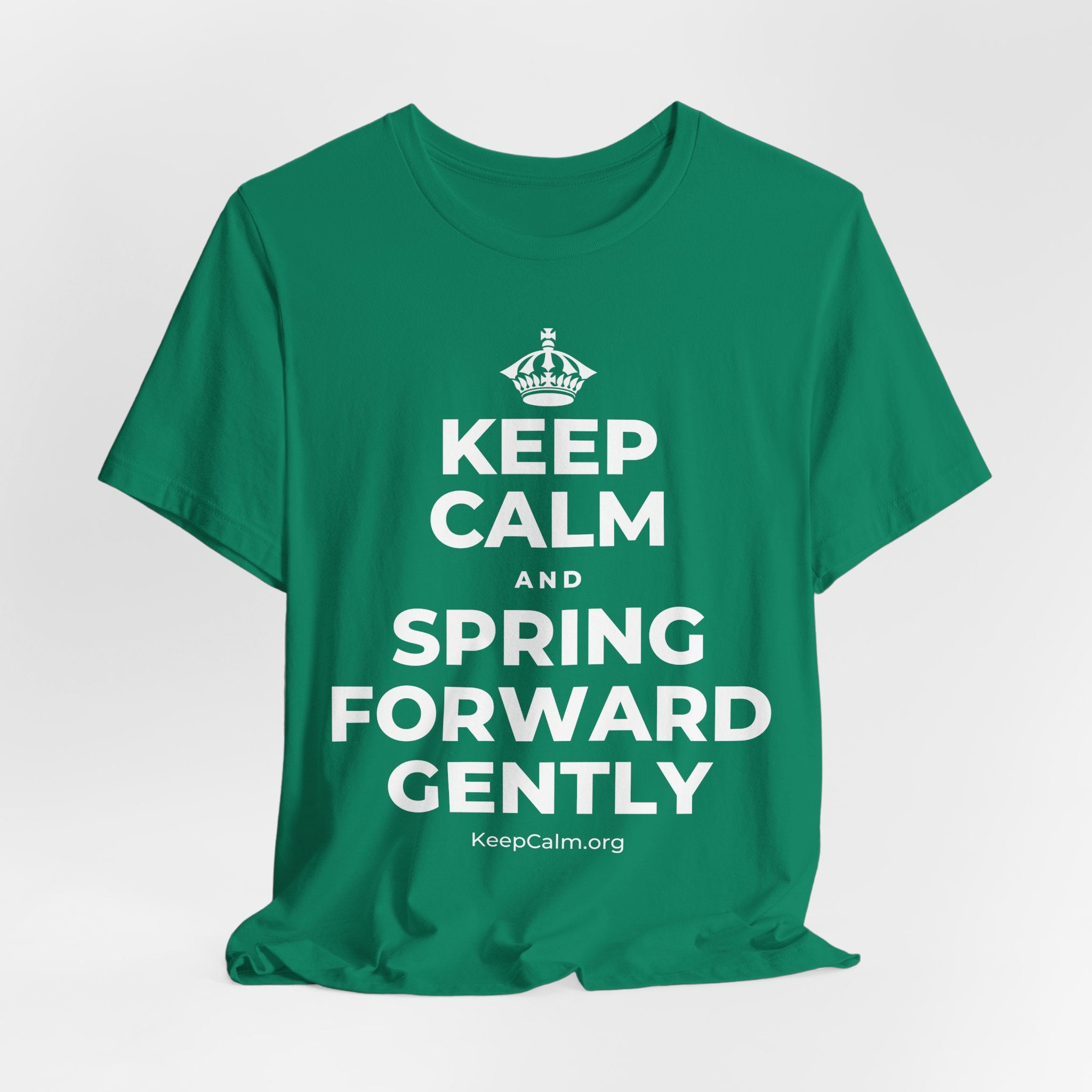 KEEP CALM AND SPRING FORWARD GENTLY T-Shirt (White–Asphalt)