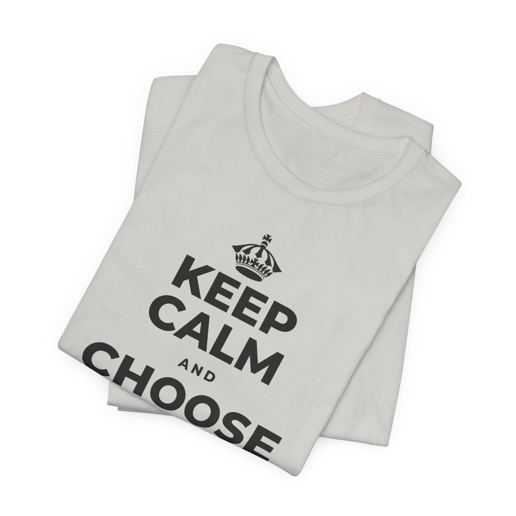 KEEP CALM AND CHOOSE PRESENCE OVER PRESENTS T-Shirt (Baby Blue–Silver)