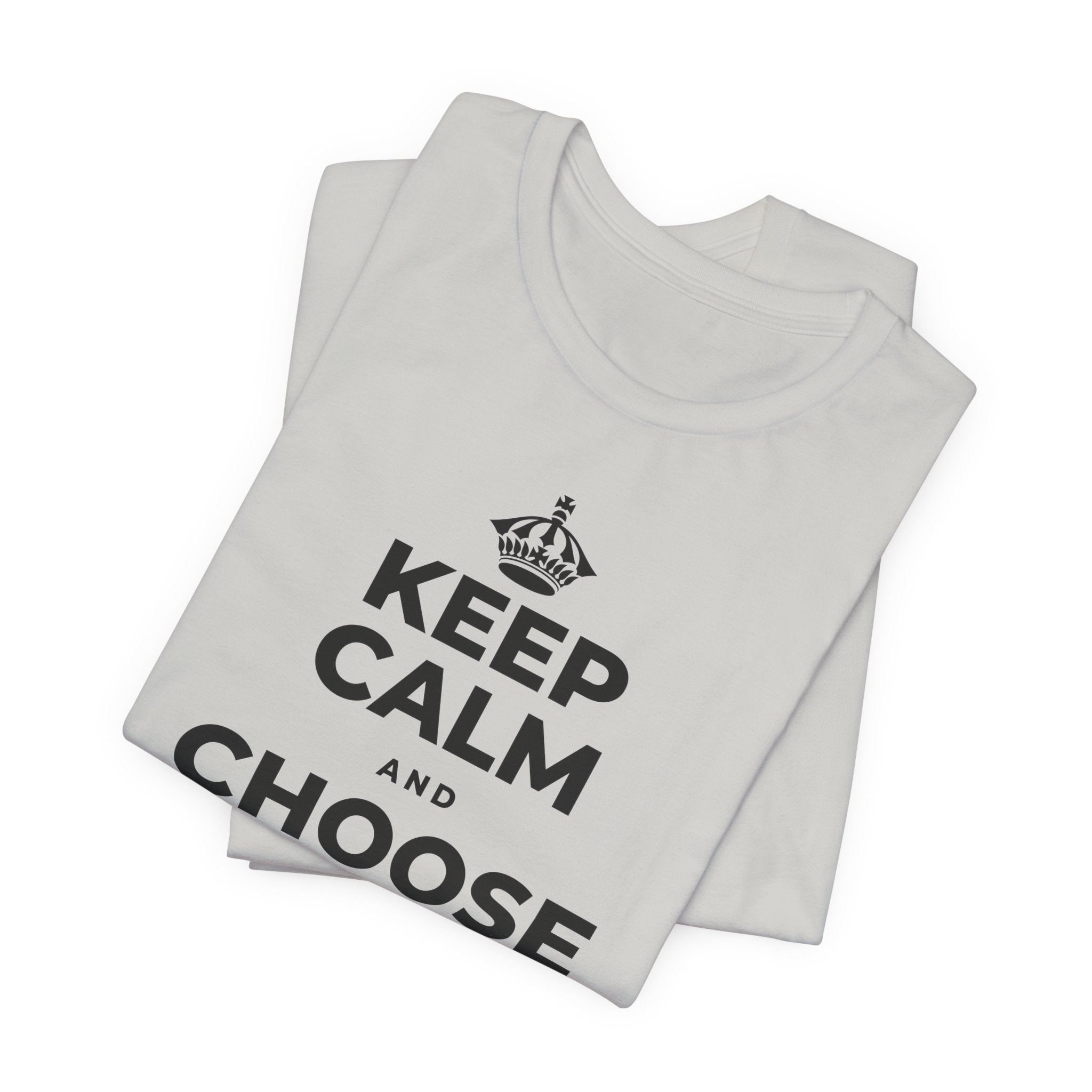 KEEP CALM AND CHOOSE PRESENCE OVER PRESENTS T-Shirt (Baby Blue–Silver)