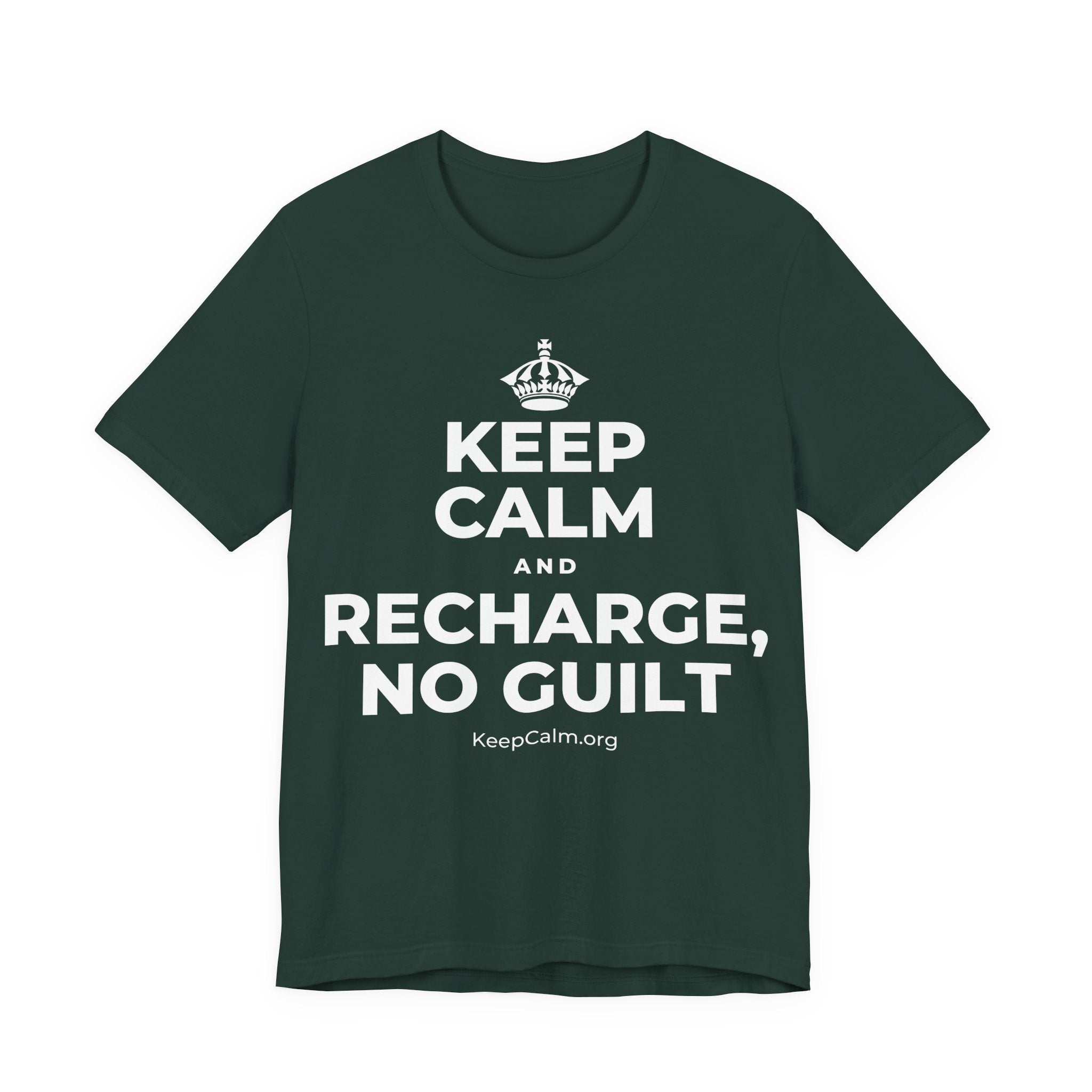 KEEP CALM AND RECHARGE, NO GUILT T-Shirt (White–Asphalt)