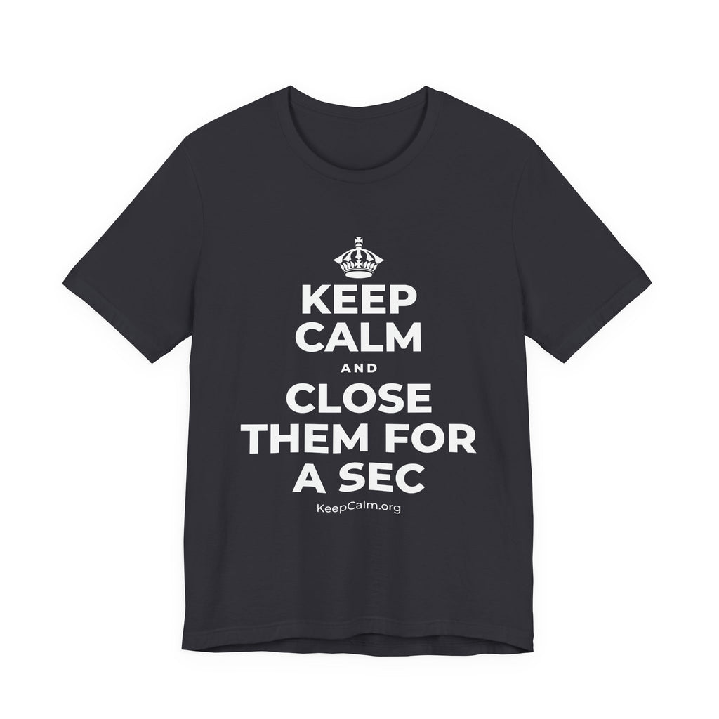 KEEP CALM AND CLOSE THEM FOR A SEC T-Shirt (Baby Blue–Silver)