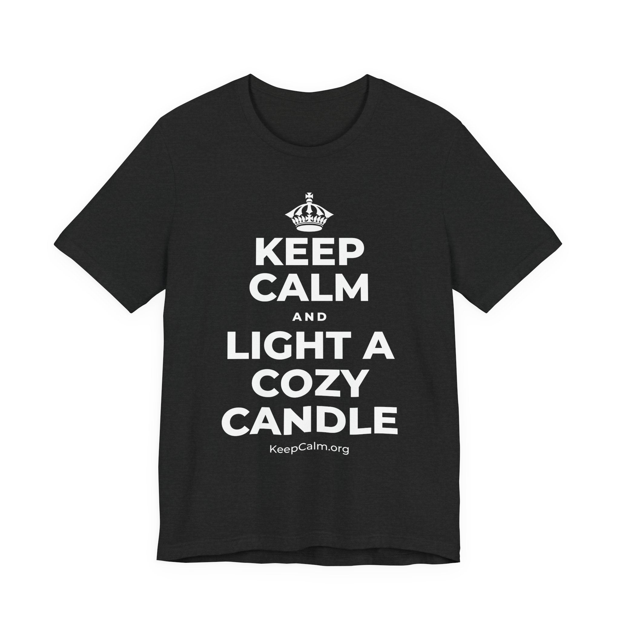 KEEP CALM AND LIGHT A COZY CANDLE T-Shirt (White–Asphalt)