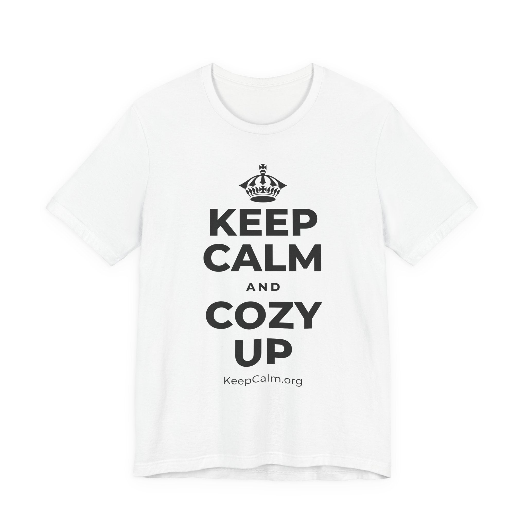 KEEP CALM AND COZY UP T-Shirt (White–Asphalt)