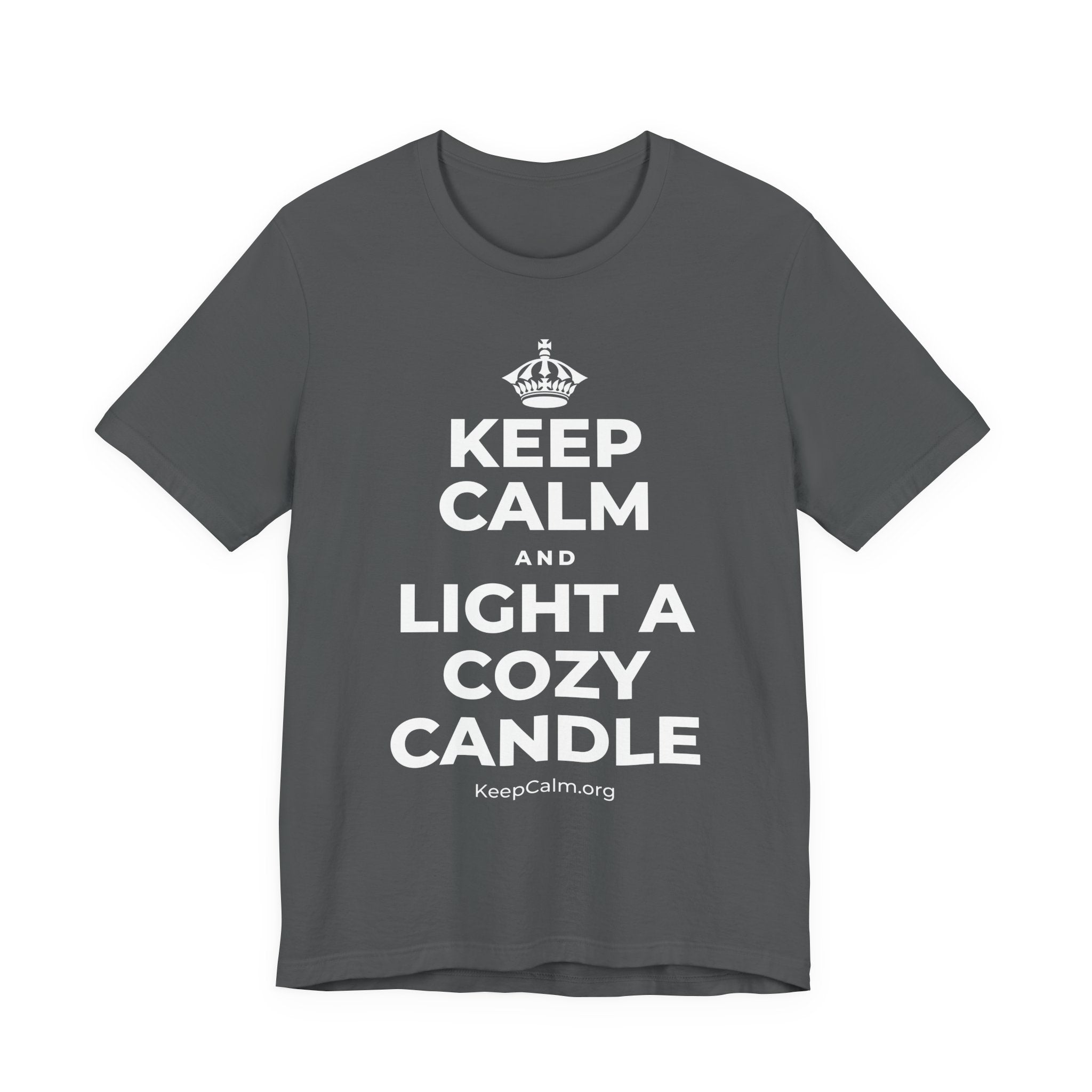 KEEP CALM AND LIGHT A COZY CANDLE T-Shirt (White–Asphalt)